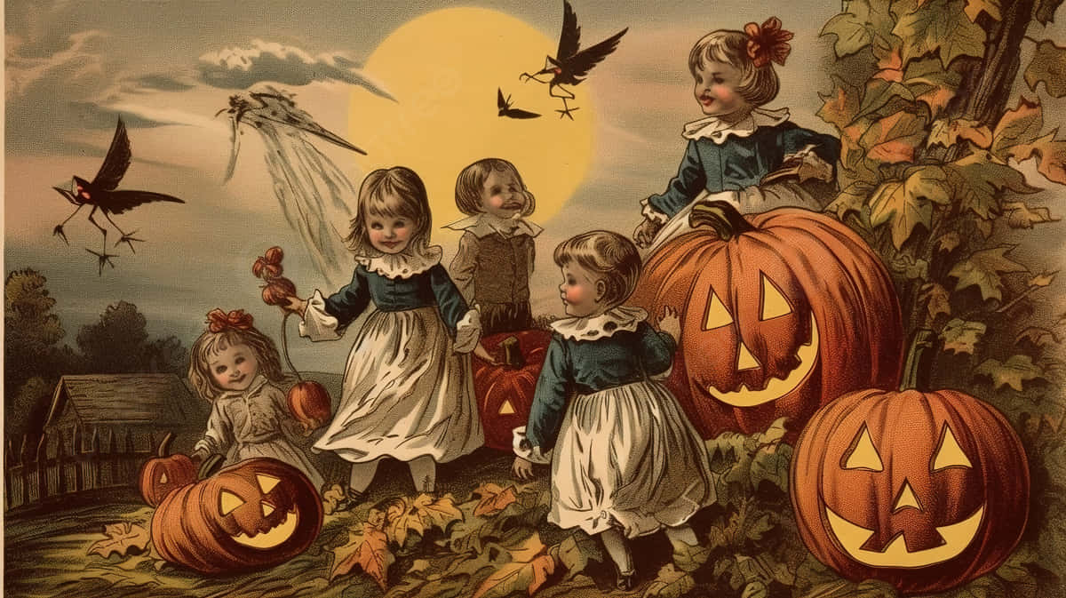 Vintage Halloween Childrenand Jack O Lanterns Background