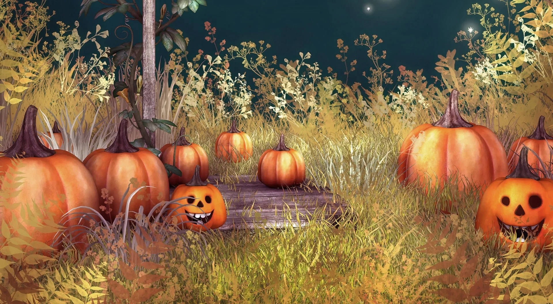 Vintage Halloween Pumpkins In Grassland Background