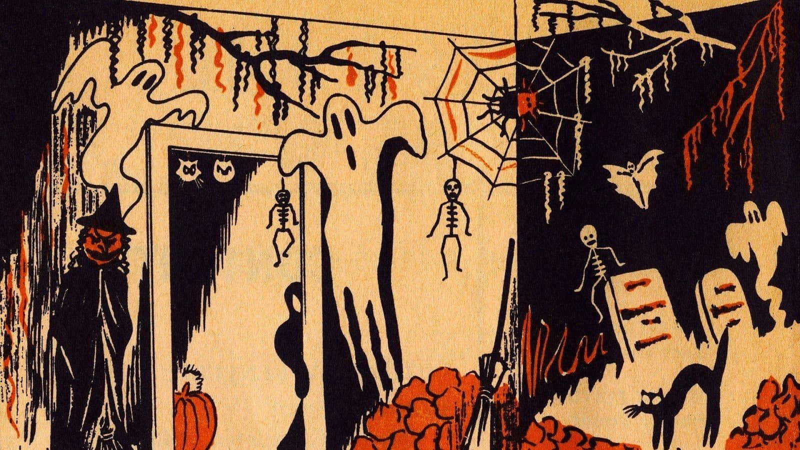 Vintage Halloween Silhouette Scene Background