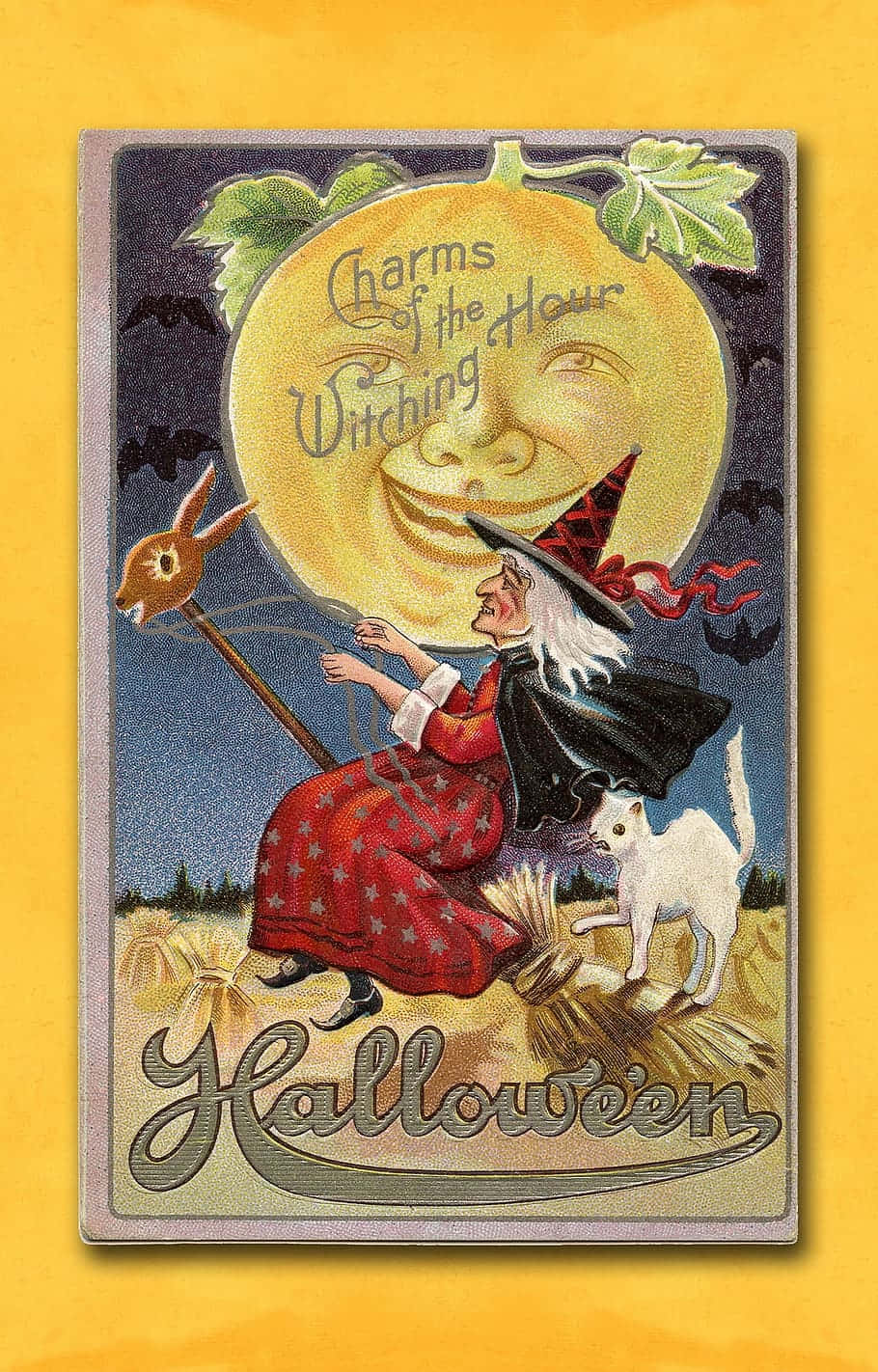 Vintage Halloween Witch Postcard Background