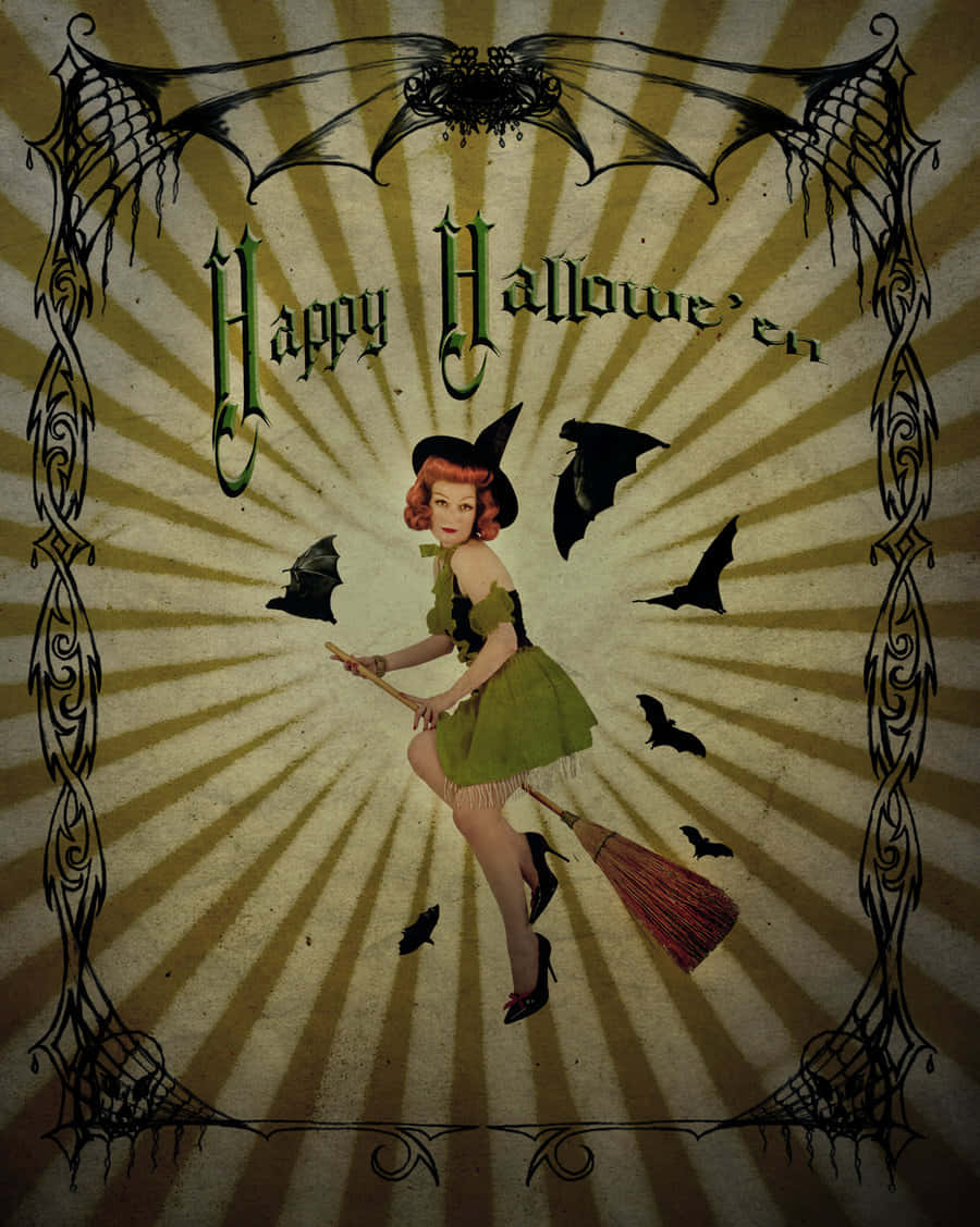 Vintage Halloween Witchand Bats Background