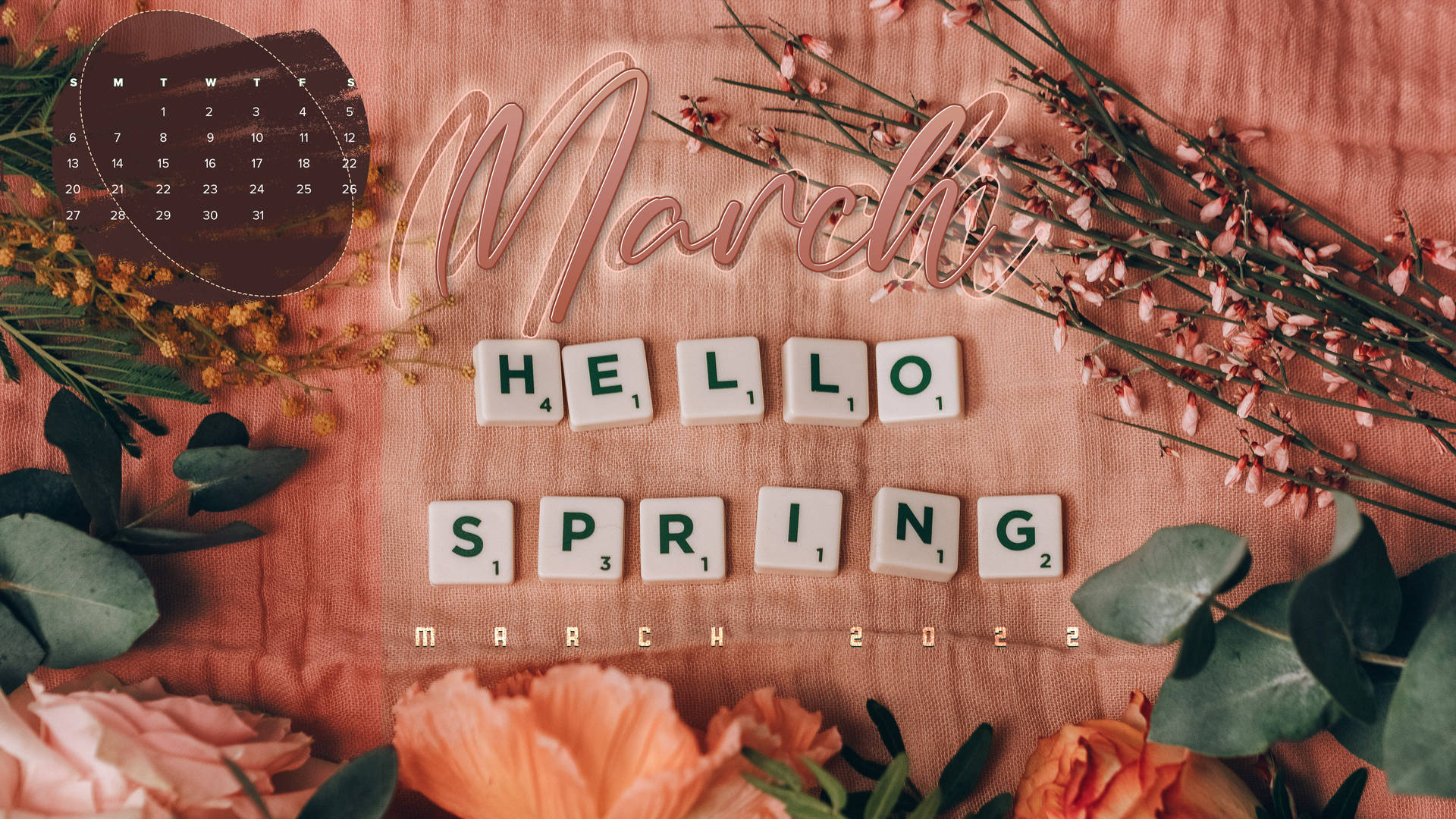 Vintage Hello Spring March Calendar Background