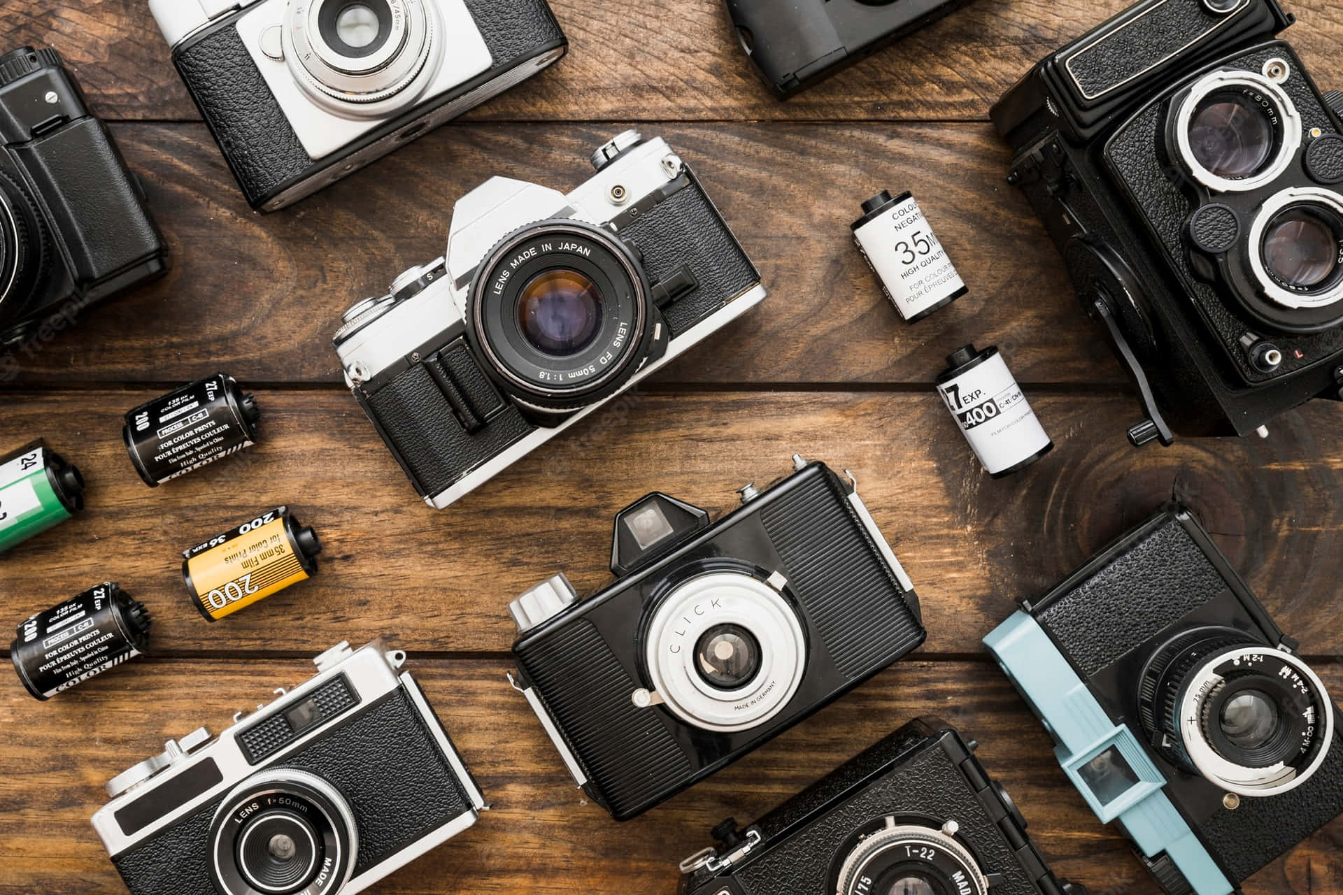 Vintage Photography Camera Collection On Table Background