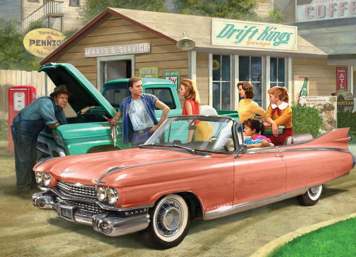 Vintage Pink Car Drives Into The Sunset Background