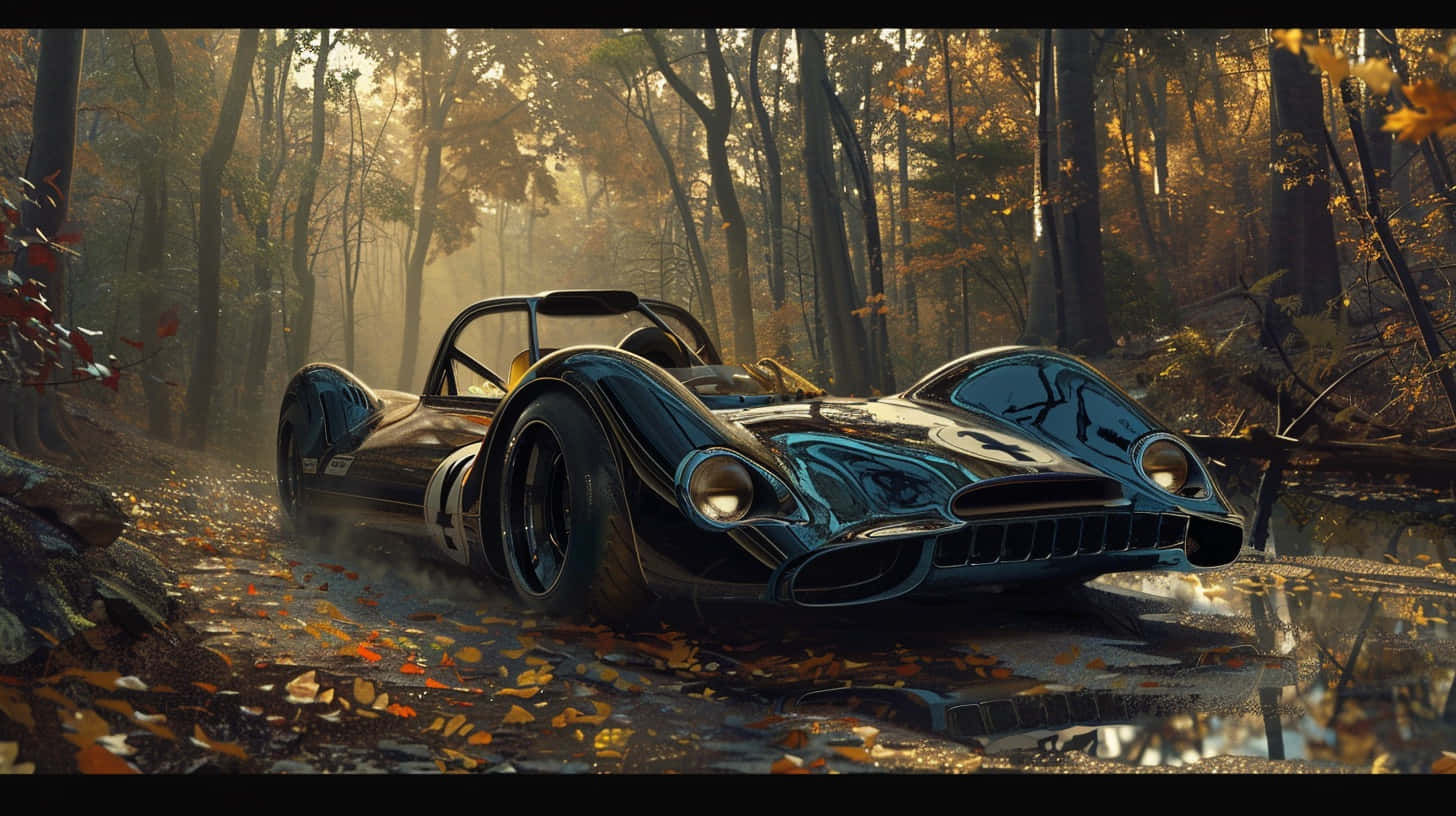 Vintage Racecar Autumn Forest Drive Background