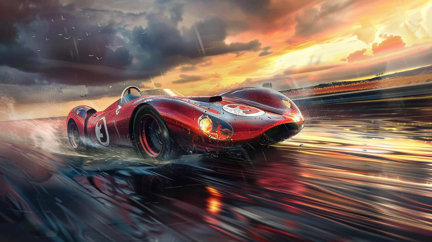 Vintage Racecar Speeding Sunset Background