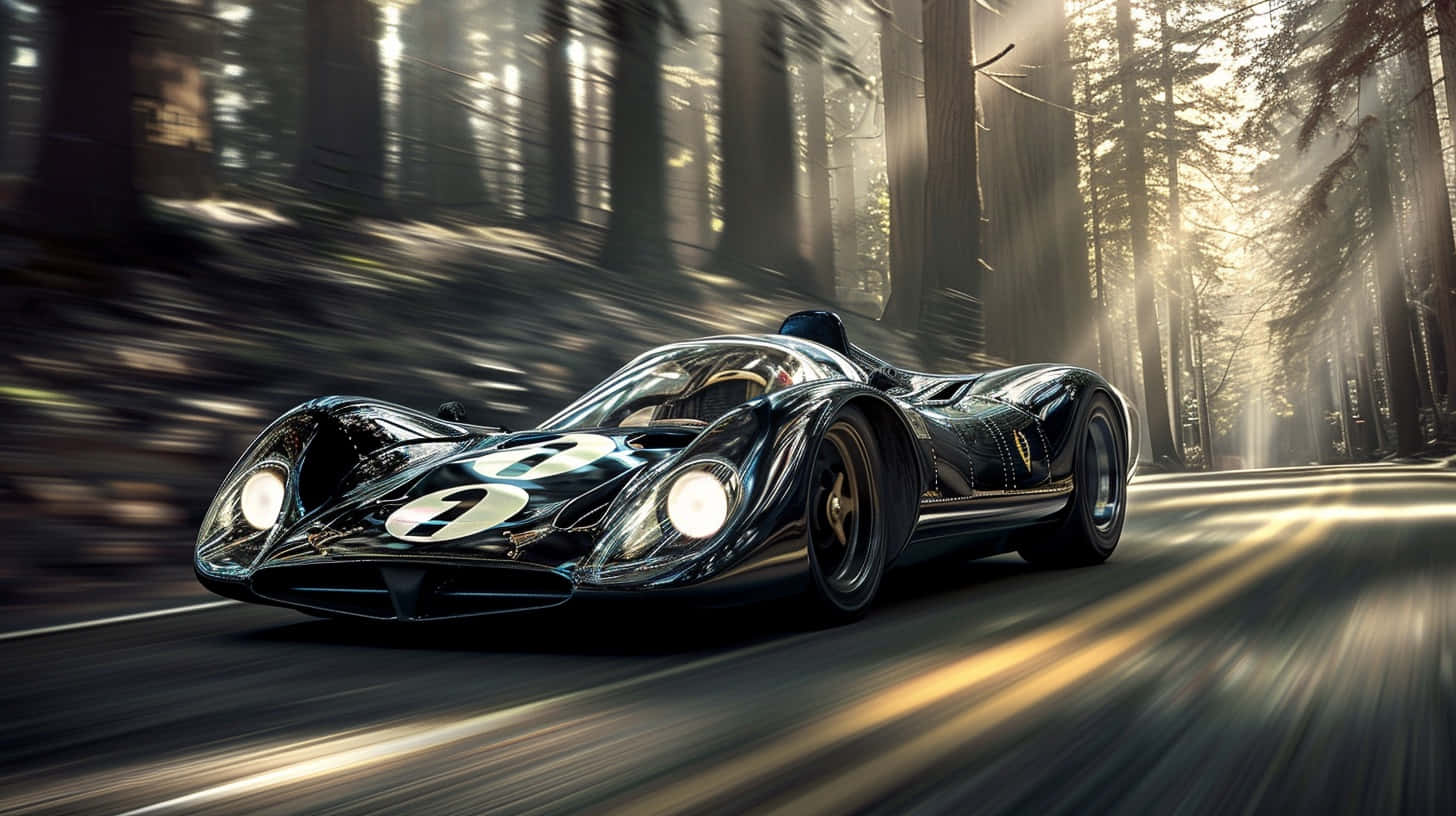 Vintage Racecar Speeding Through Forest Background