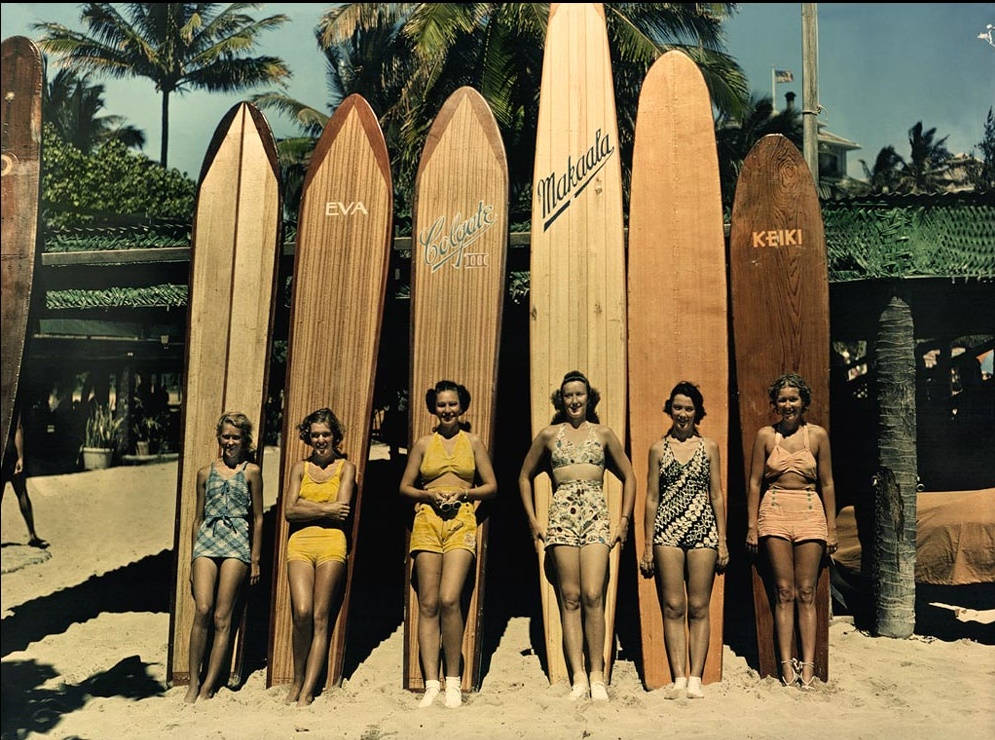 Vintage Women Beach Surf Board Background