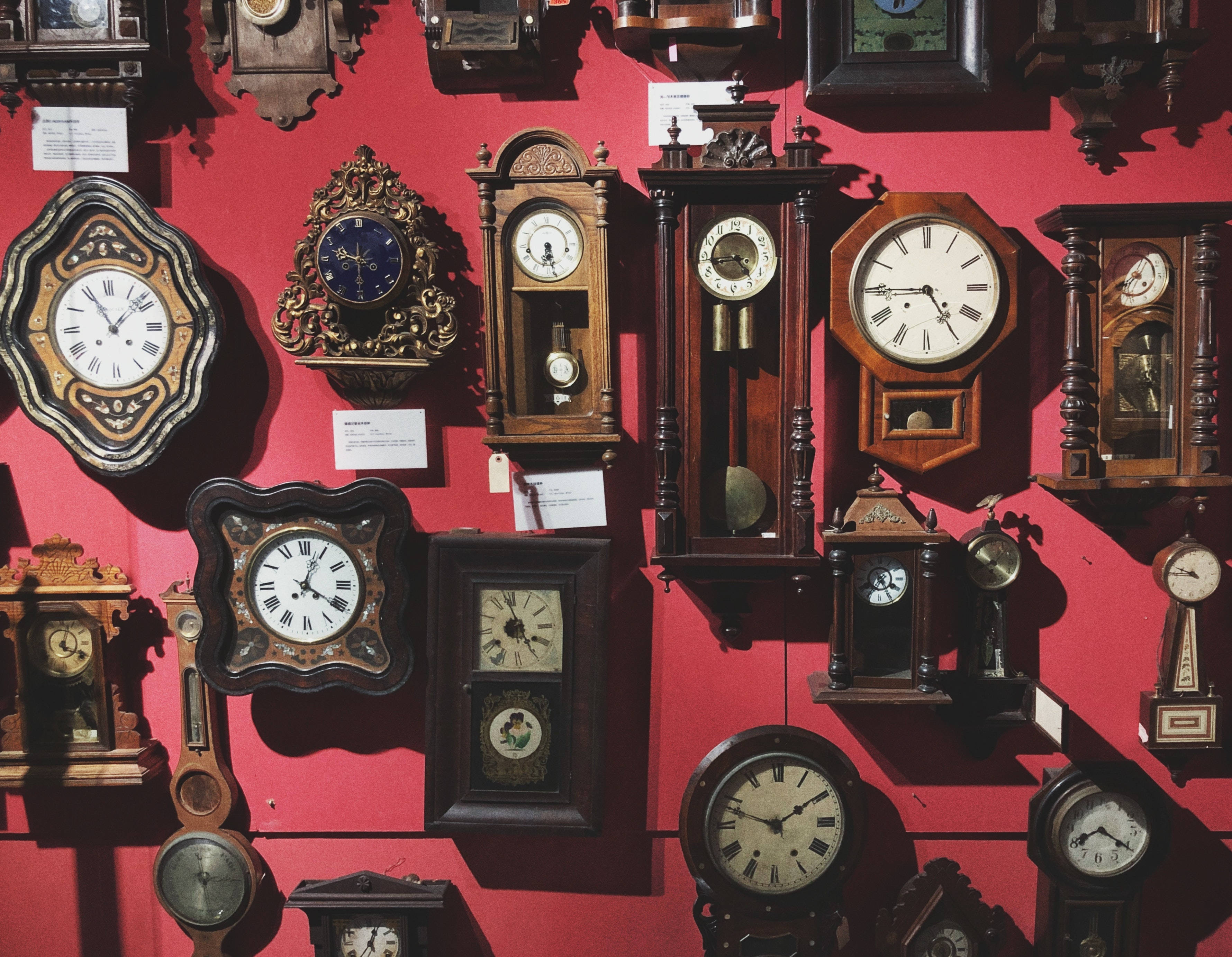 Vintage Wooden Clocks Display Background