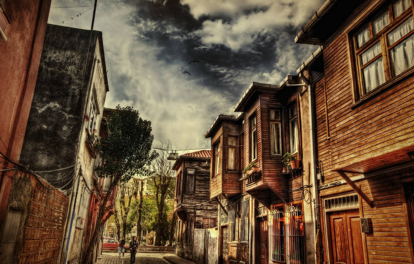 Vintage Wooden Houses In Istanbul Background