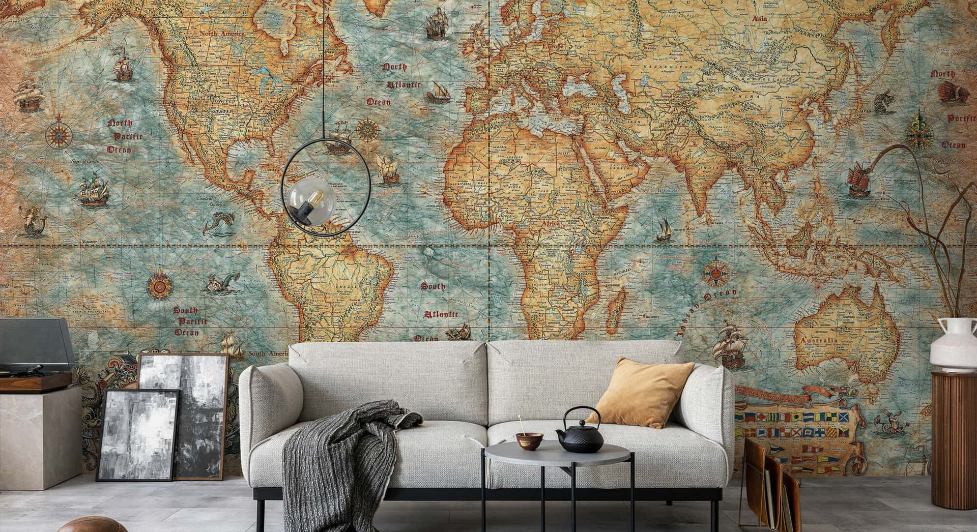 Vintage World Map Wallpaper Living Room Decor Background