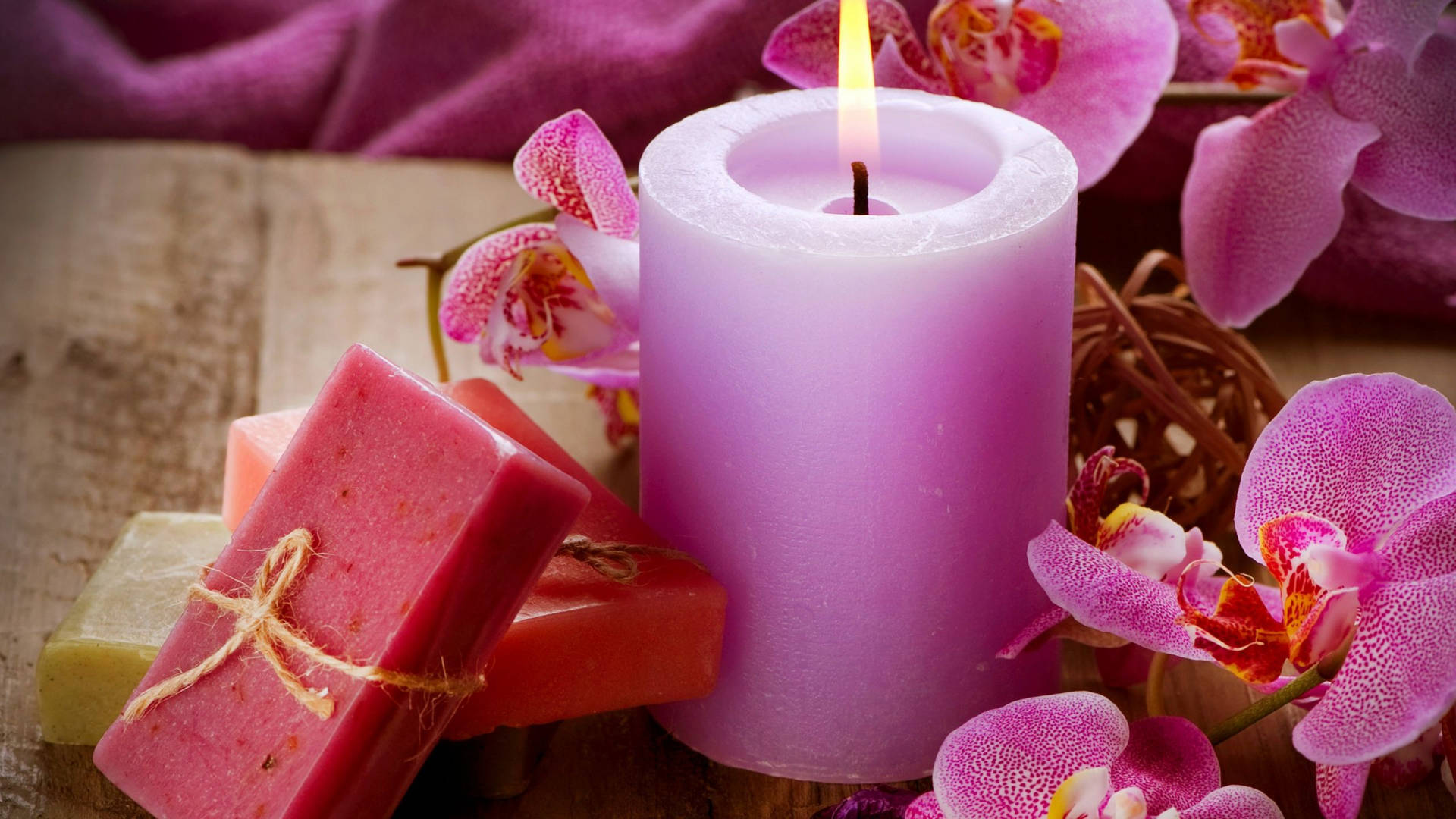 Violet Aesthetic Candles And Orchids Background