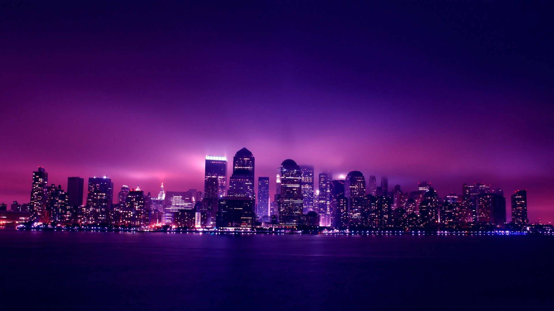 Violet Aesthetic Cityscape At Night Background