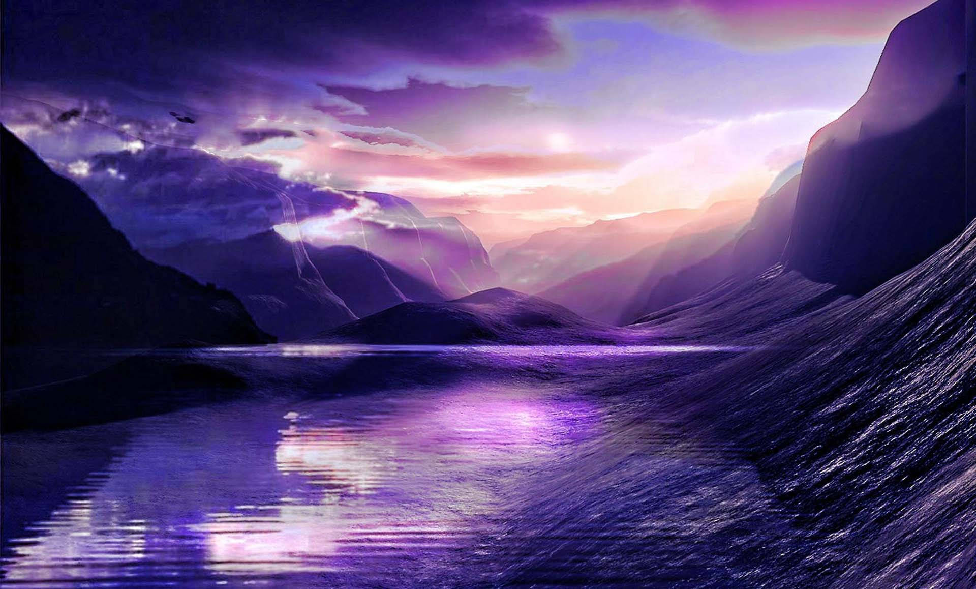 Violet Aesthetic Cove Near Mountains Background