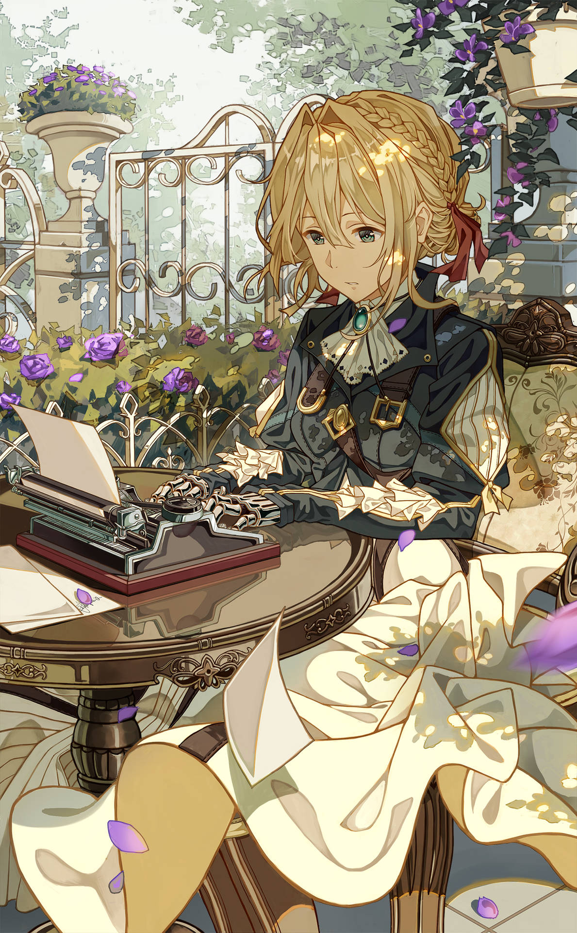 Violet Evergarden Typing In The Garden Background