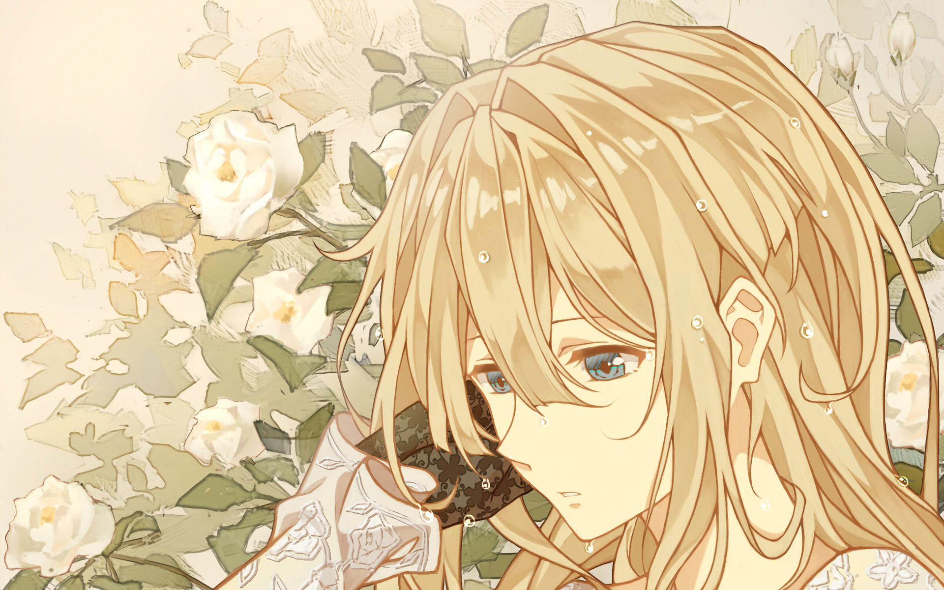 Violet Evergarden White Roses Close Up Background