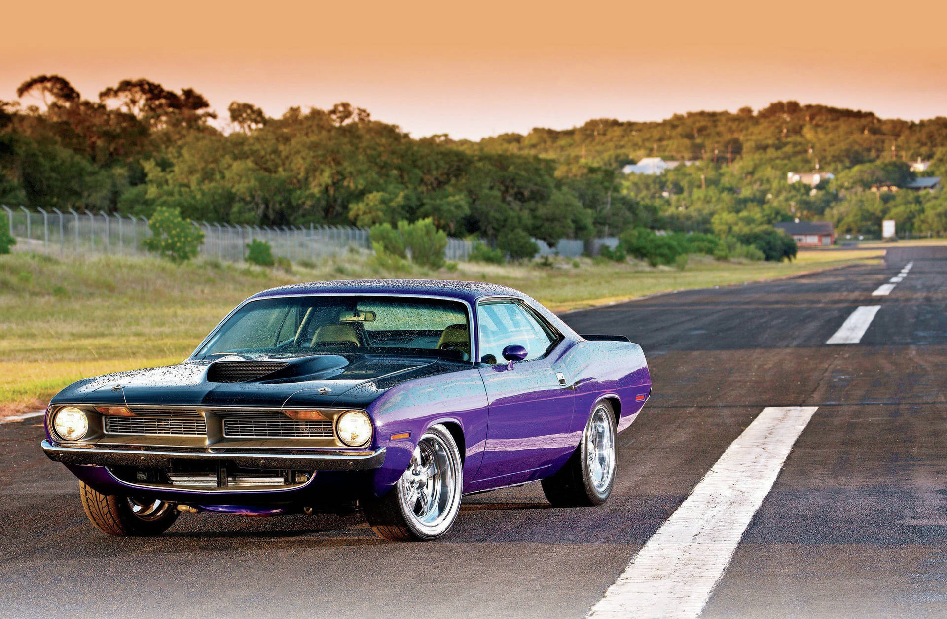 Violet Plymouth Barracuda On The Road Background