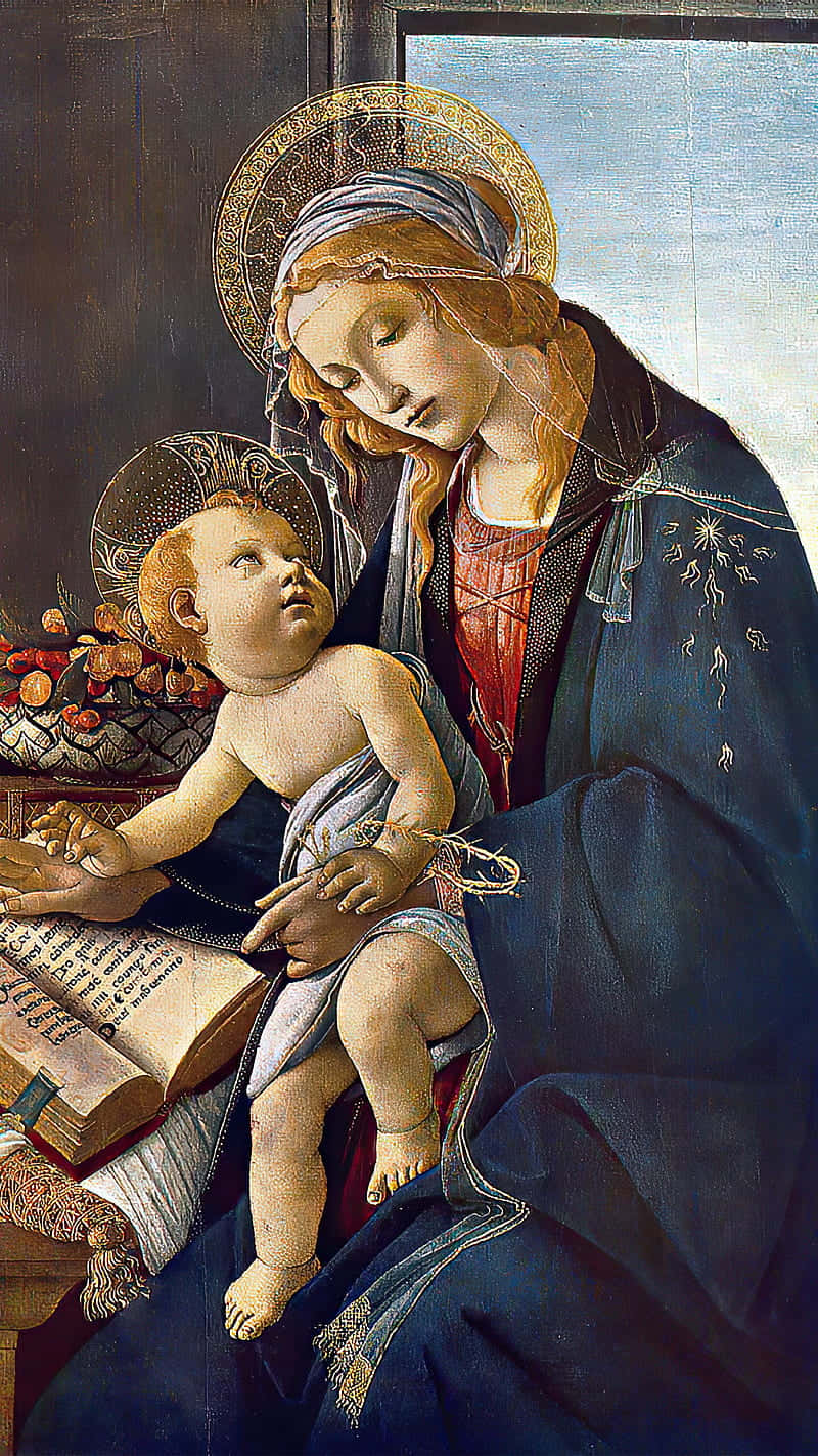 Virgin Mary Standing In A Field Of Flowers Background