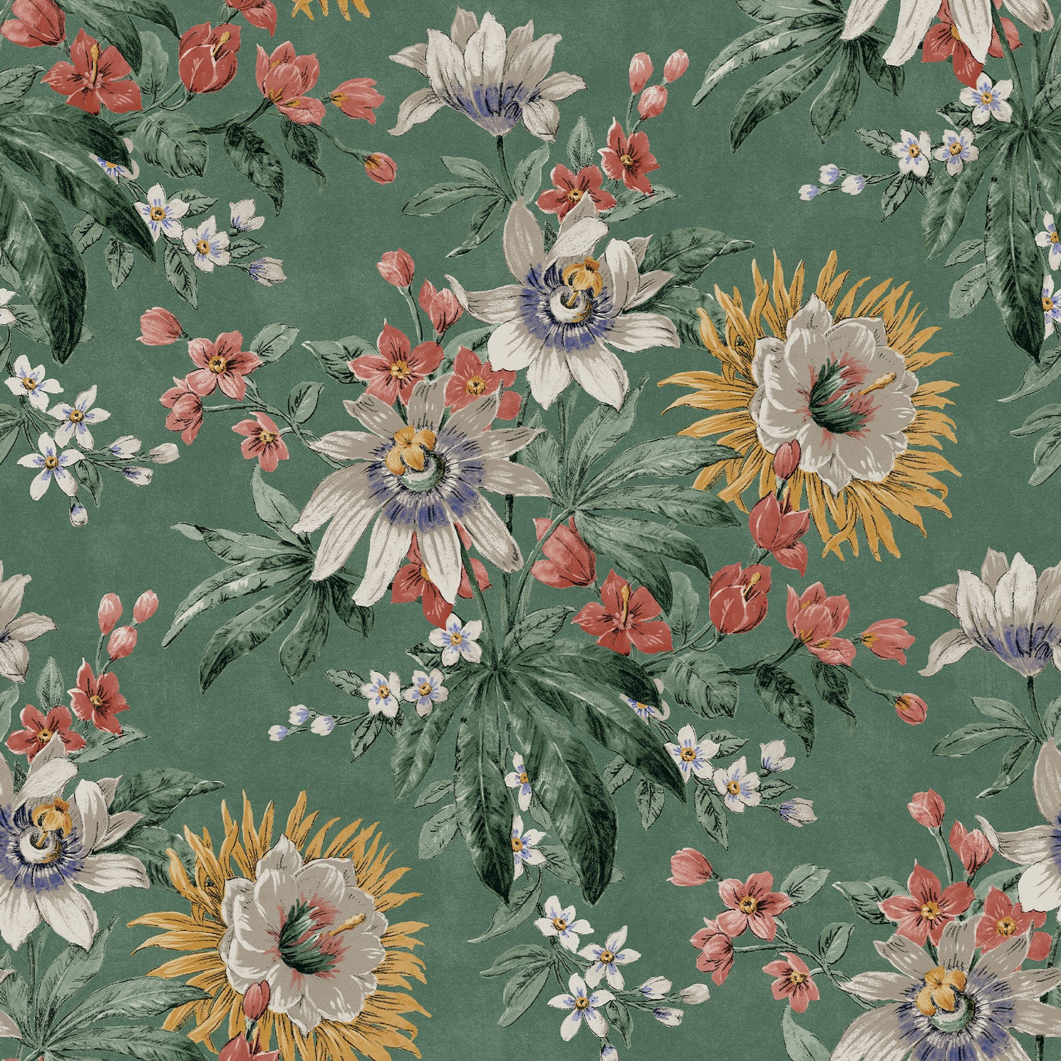 Viridian Painted Flowers Leaves Background