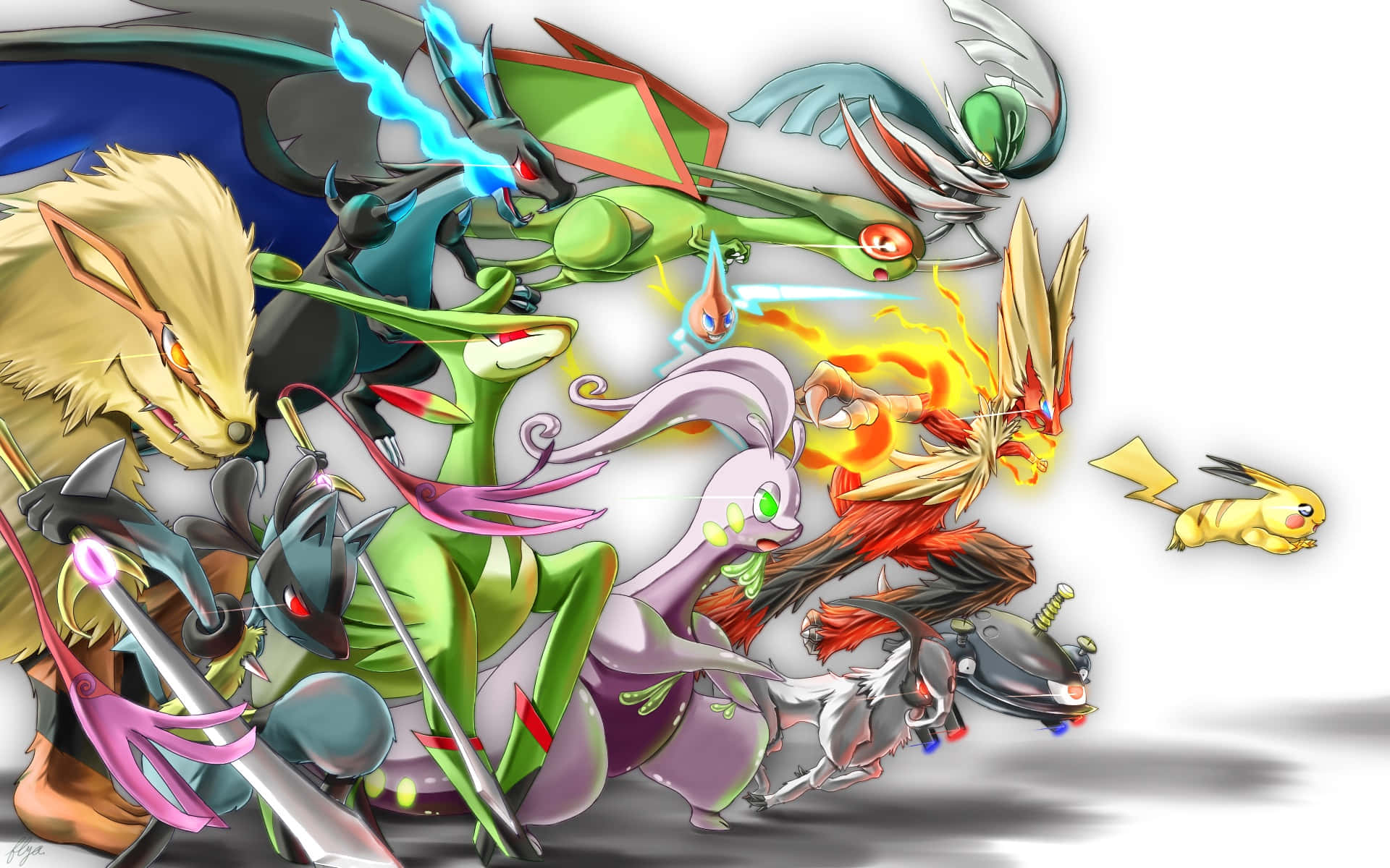 Virizion Charging Alongside Other Pokemon Background