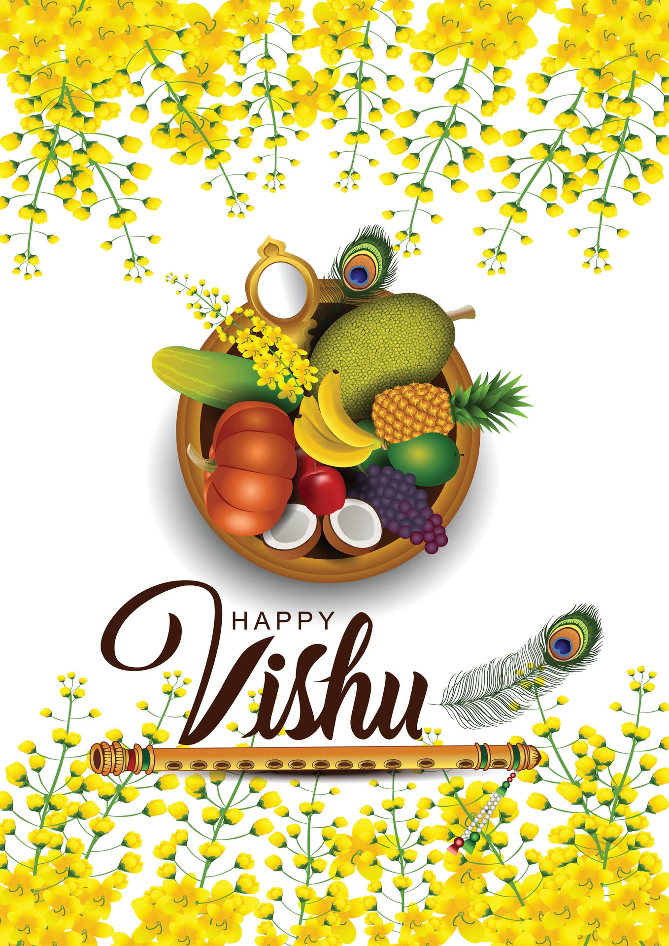 Vishu Fruits Offering And Kanikonna Flowers Background