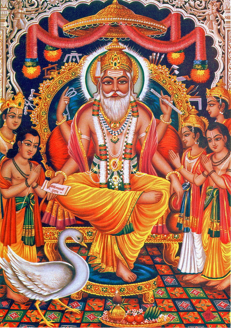 Vishwakarma Surrounded By Hindu Deities Background