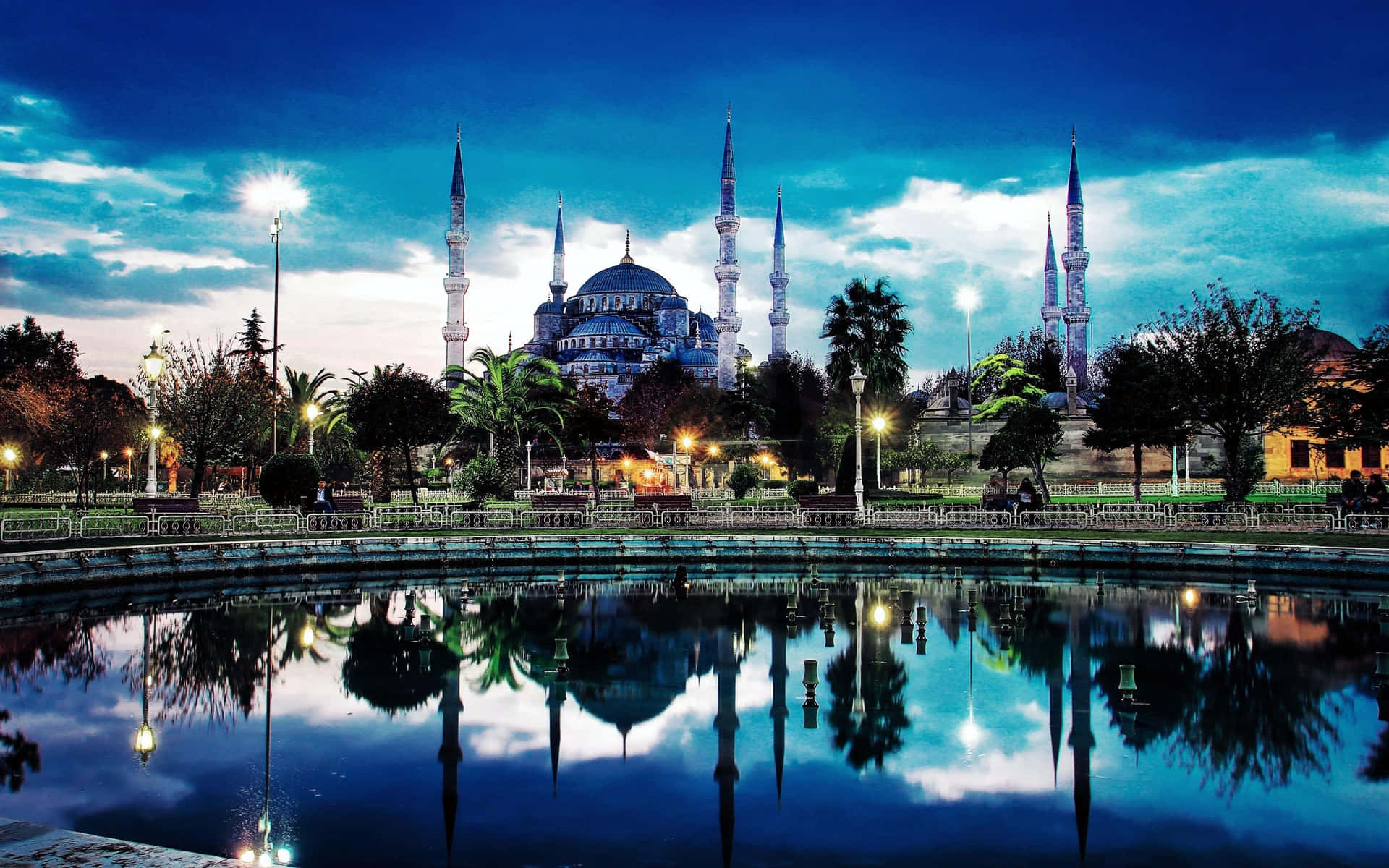 Vivid Blue Mosque Water Reflection Background