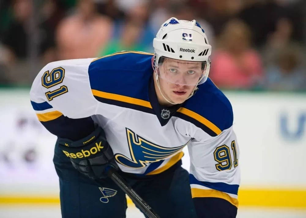 Vladimir Tarasenko Leaning Forward While Holding Hockey Stick