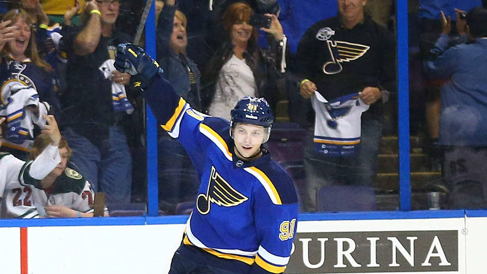 Vladimir Tarasenko Smiling While Holding Hockey Stick With Audience Cheering