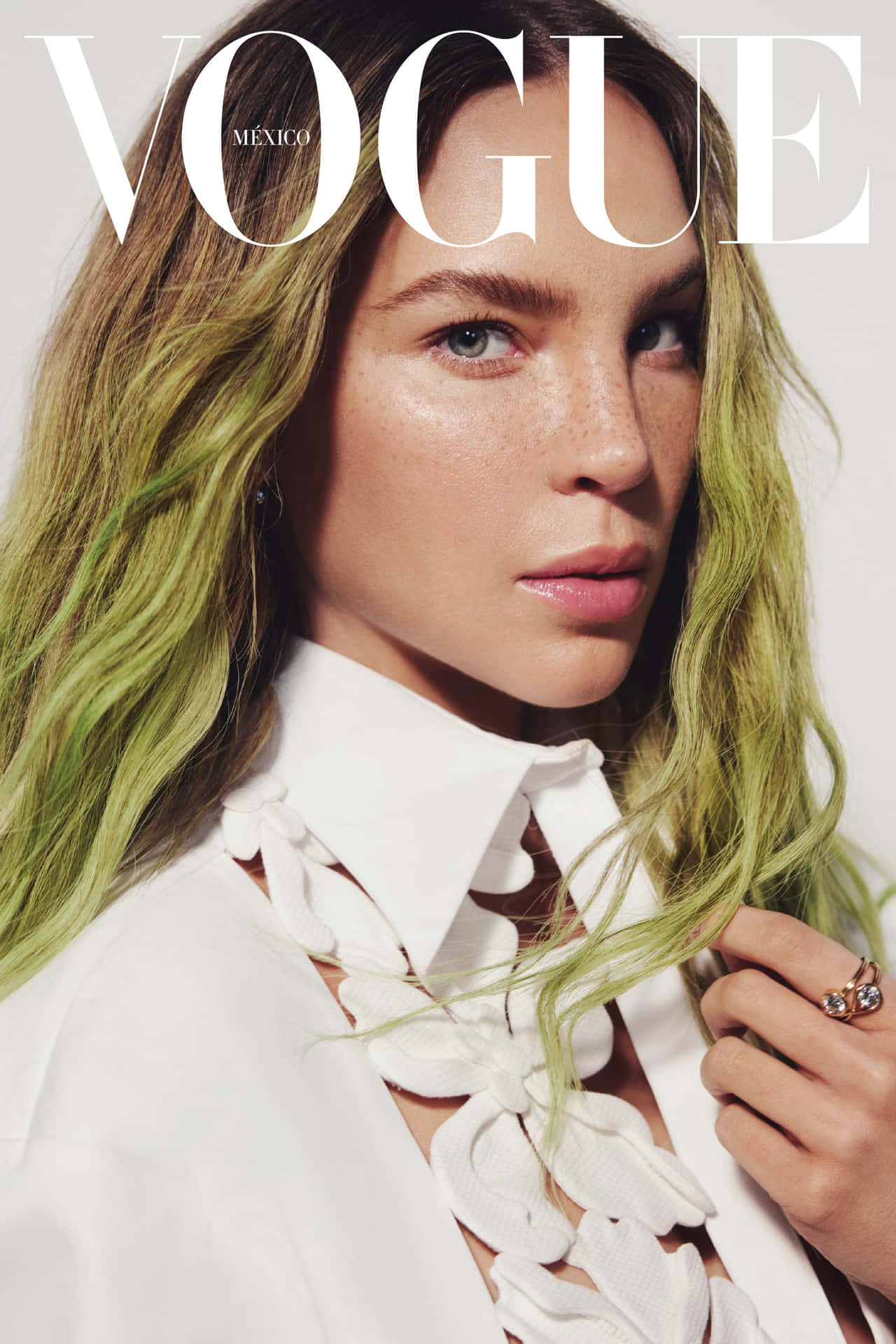 Vogue Mexico Cover Green Haired Model Background