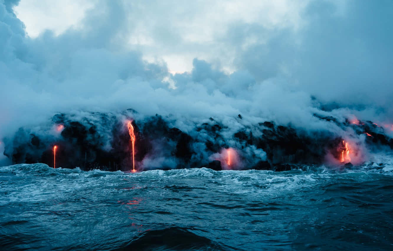Volcanic Eruption Meets Ocean Waves Background