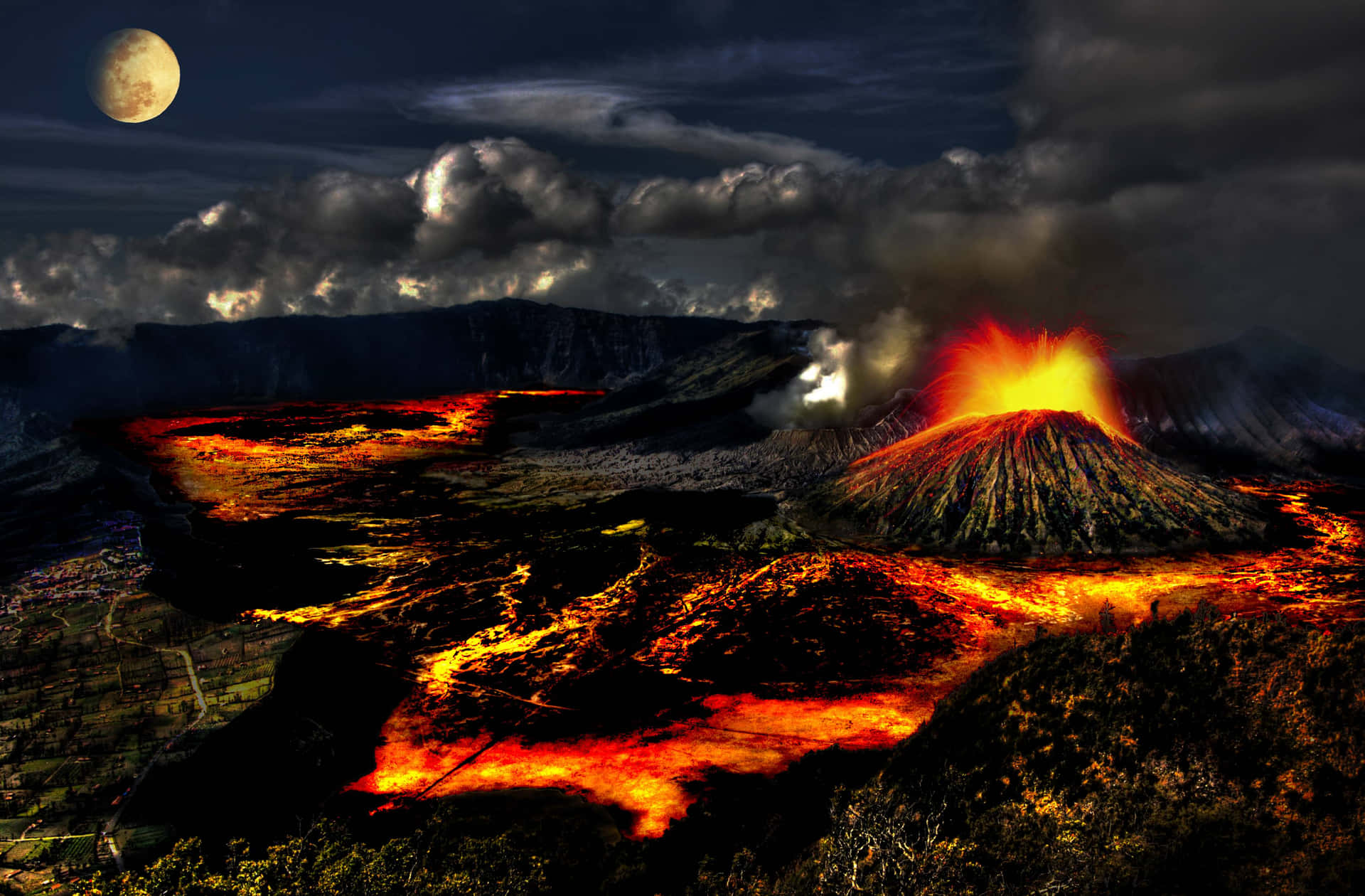 Volcano Lava Flowing On Land