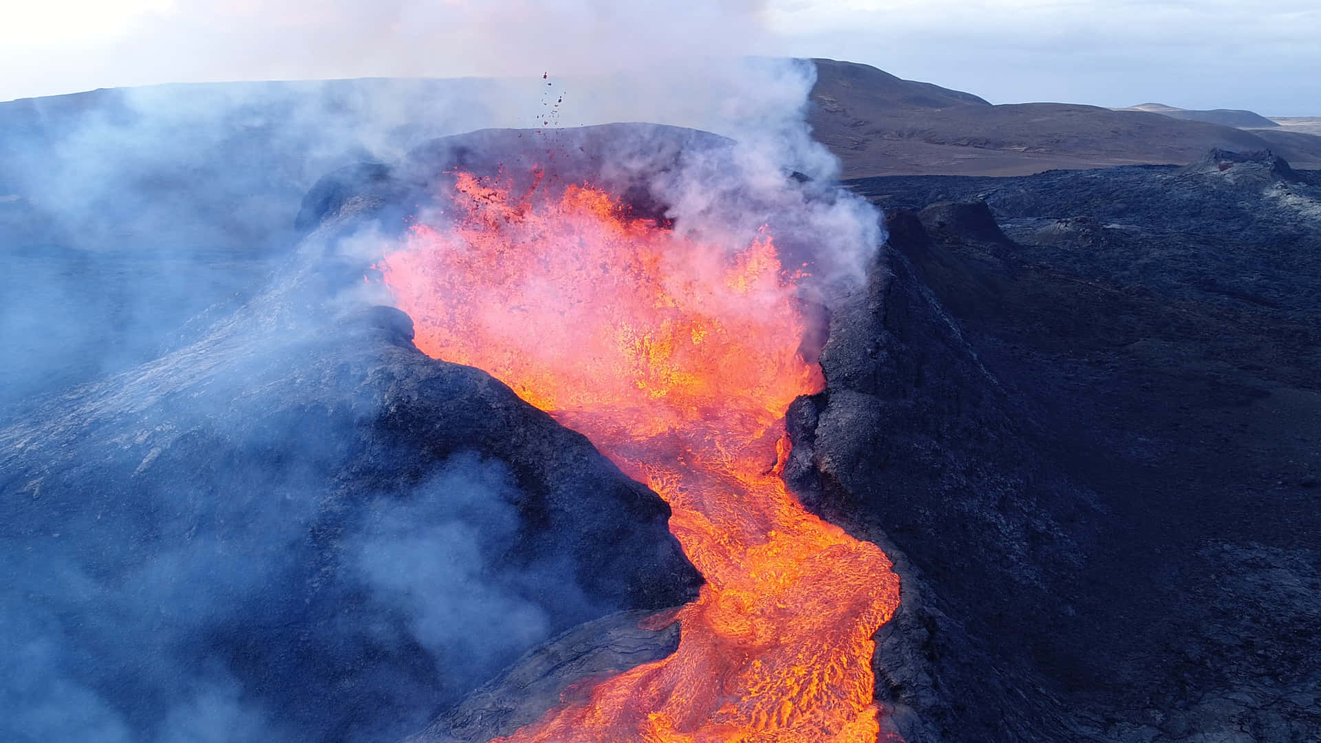 Volcano With Effusive Lava Background
