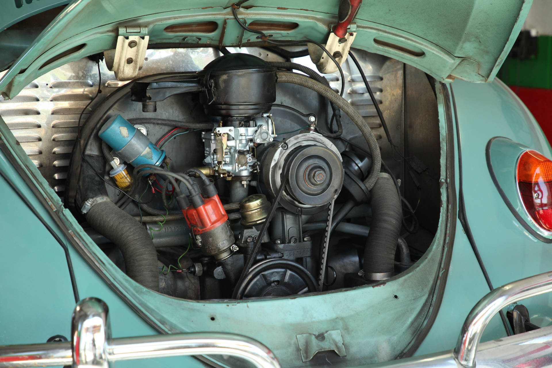 Volkswagen Engine Made Of Mint Green Metal Background