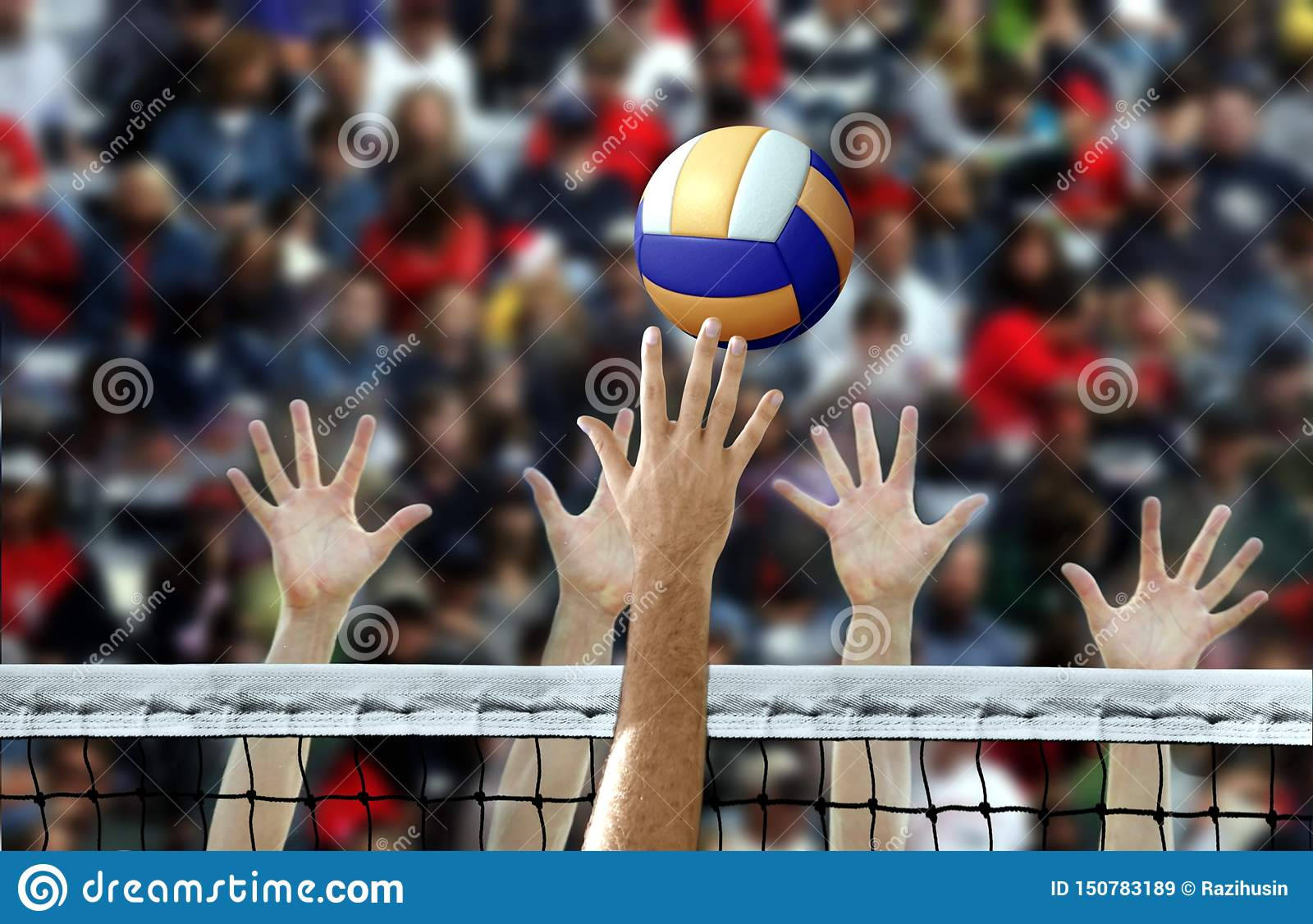 Volleyball Ball Reaching Hands Of People In The Crowd Background