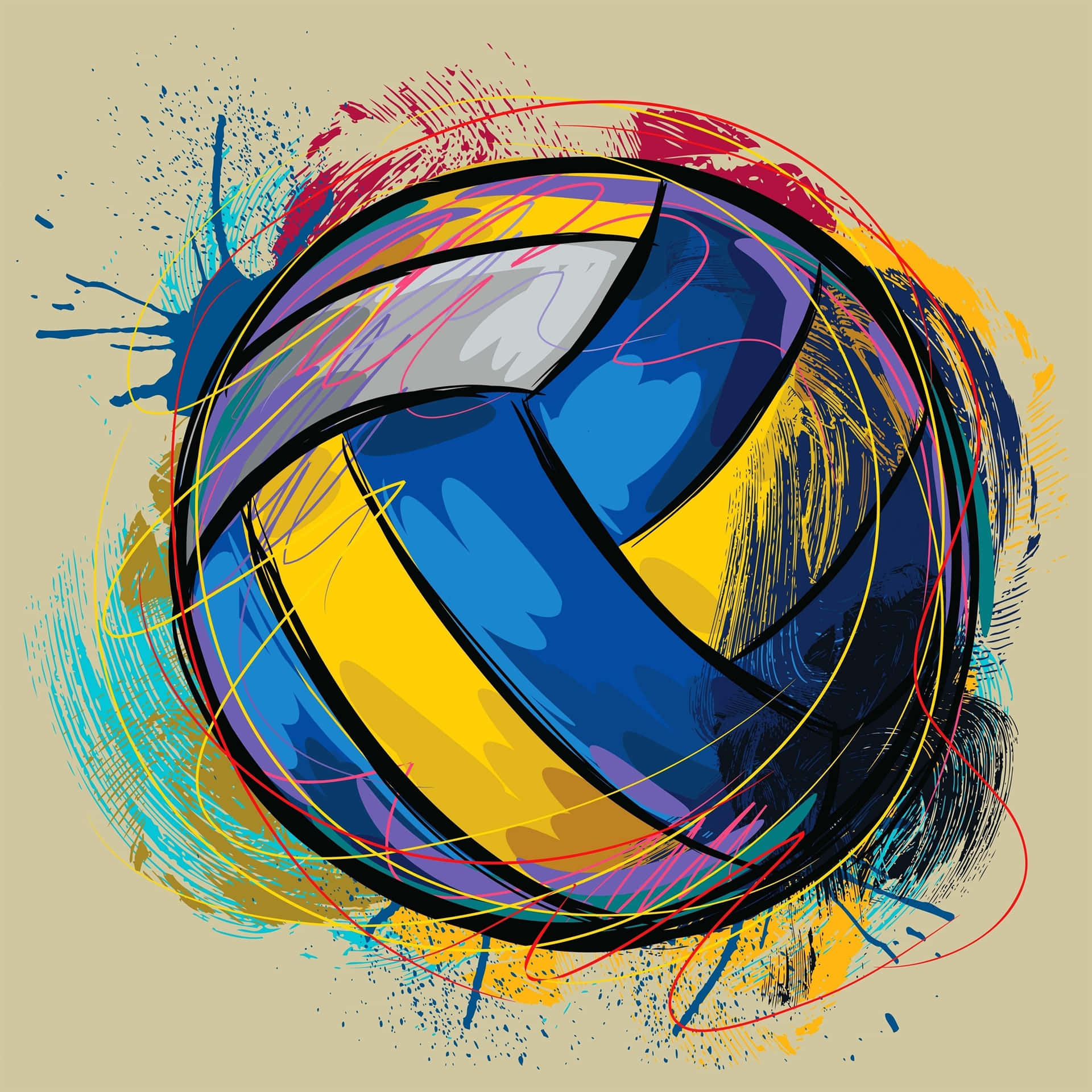 Volleyball Ball With Colorful Paint Splashes Background