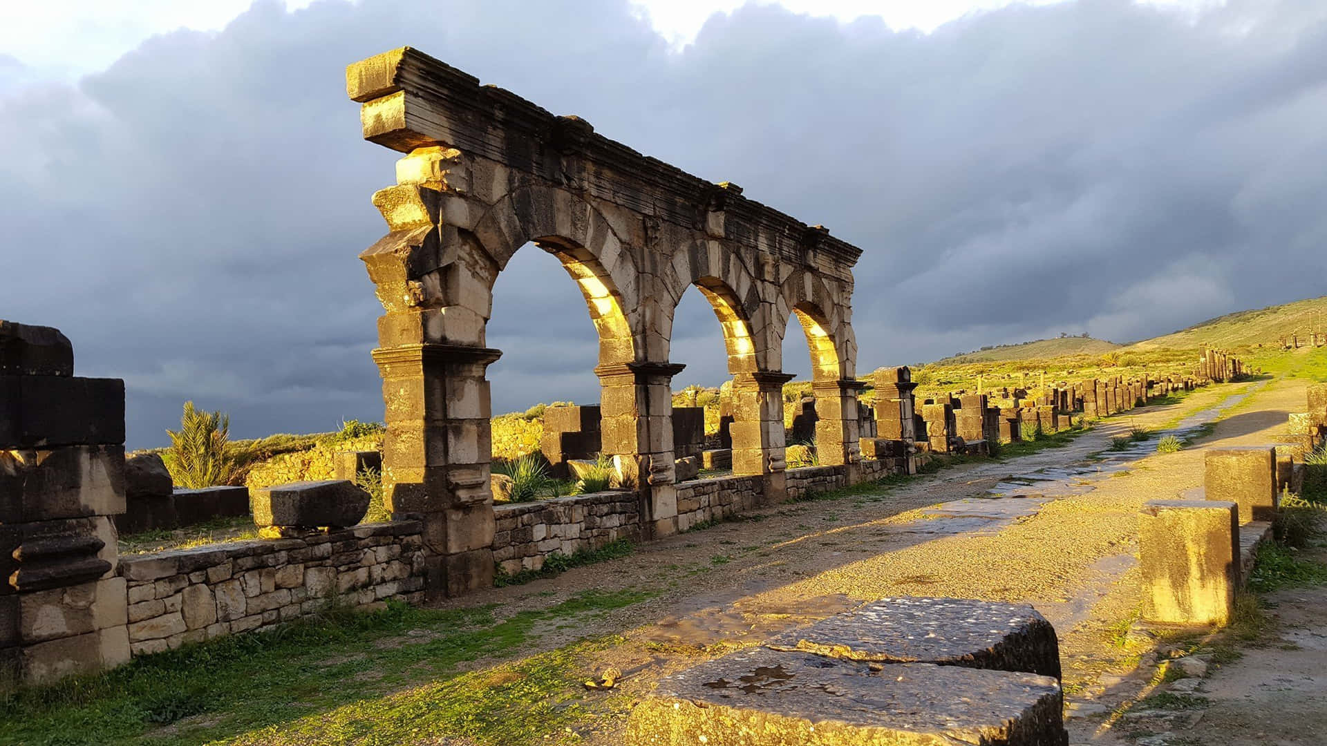 Volubilis Ruins Thick Clouds Background