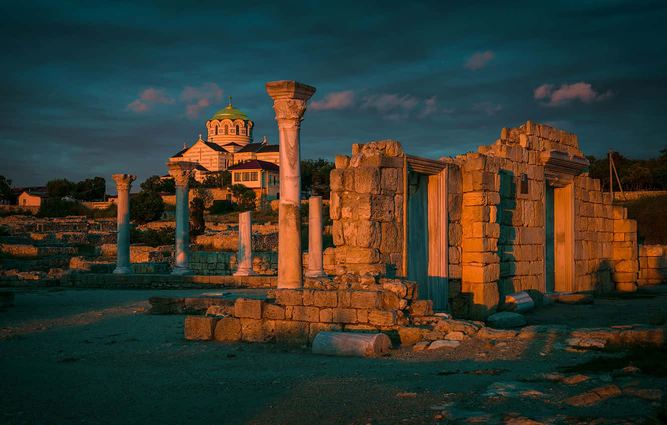 Volubilis Sunset Glow Ruins Background