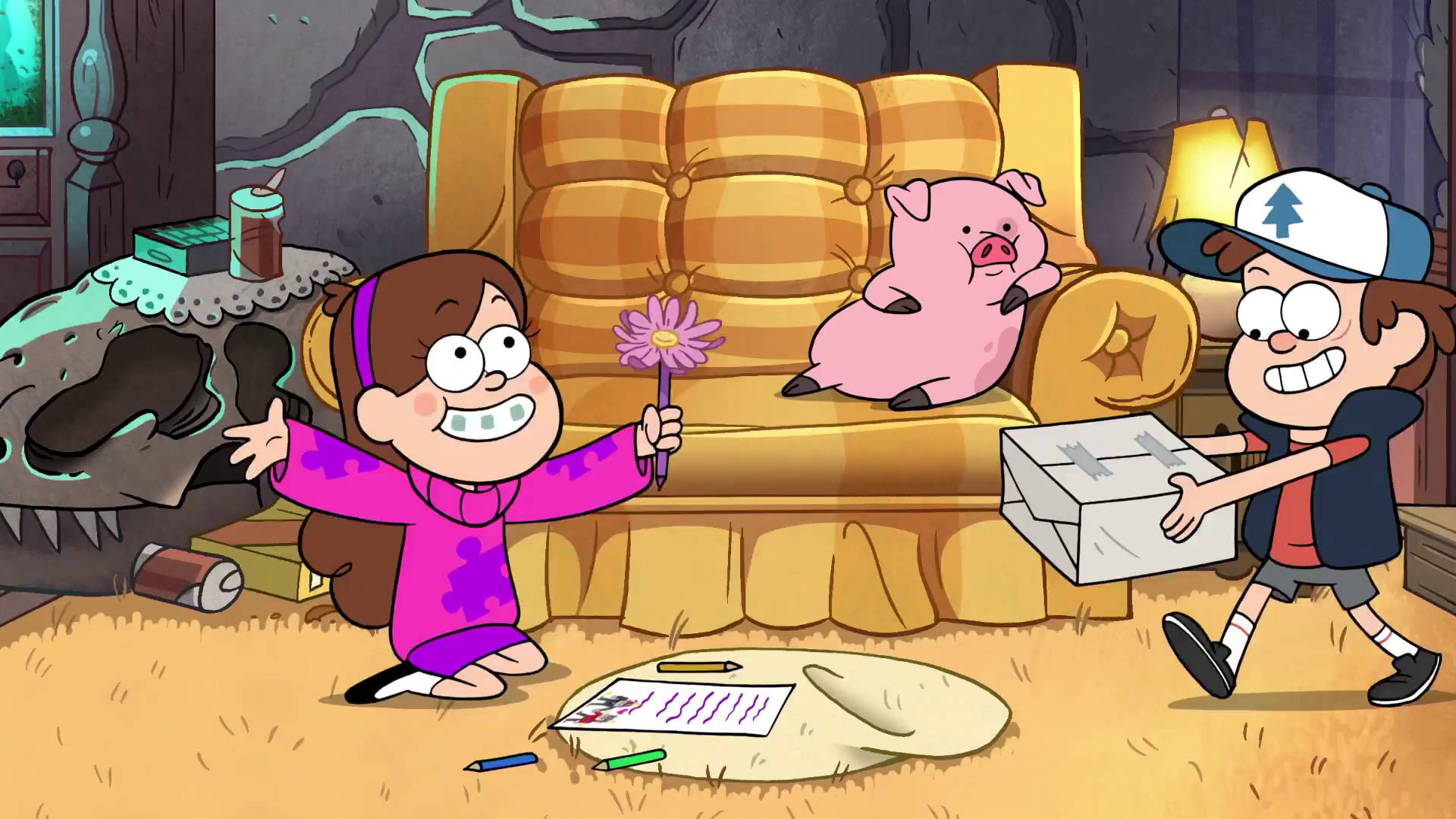 Waddles Sitting In The Sofa Background