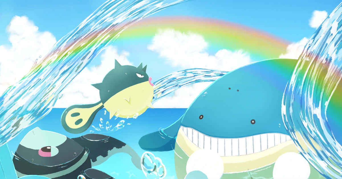 Wailmer, Lumineon, And Qwilfish Beneath The Rainbow Background