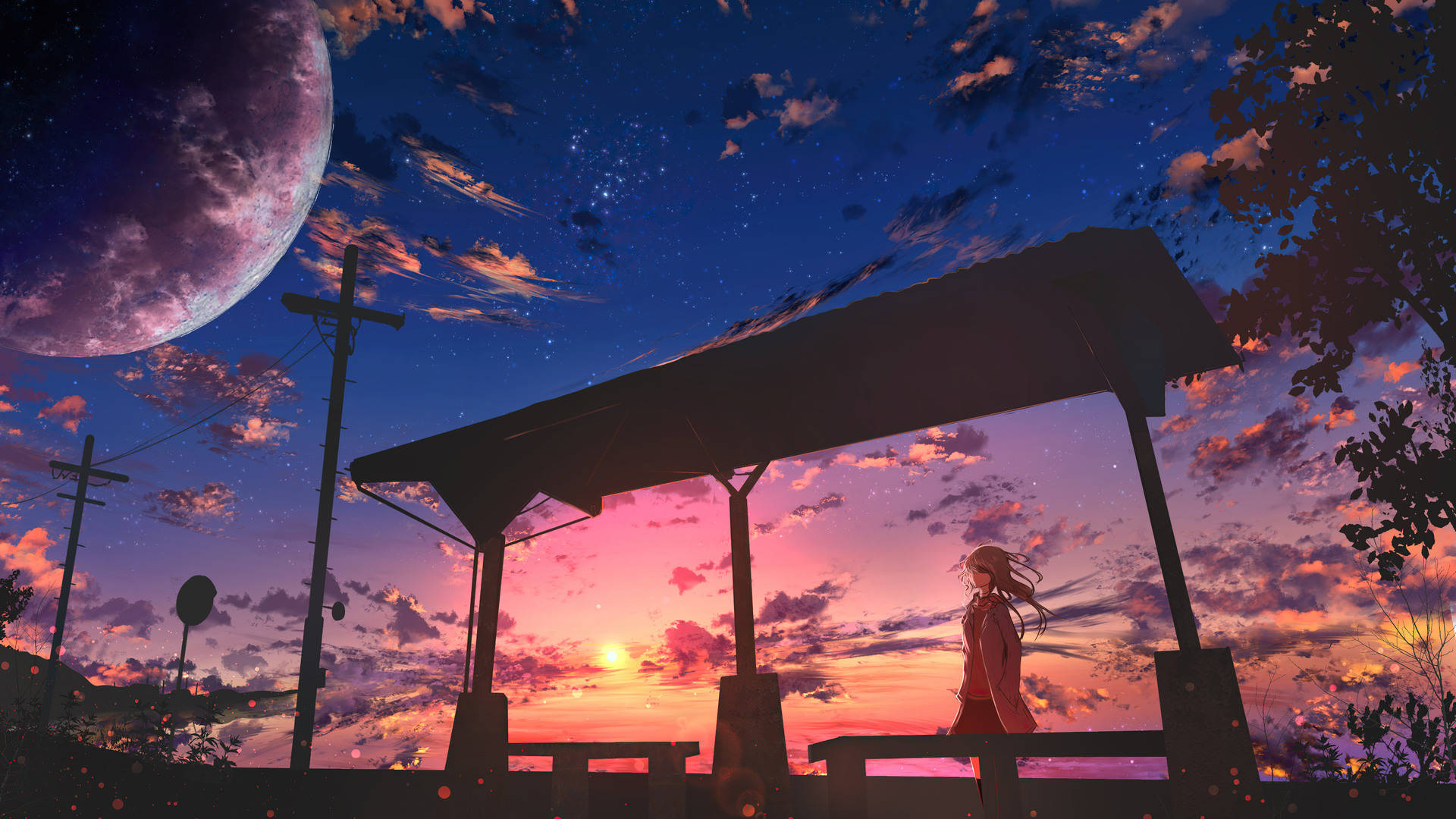 Waiting Shed Anime Aesthetic Sunset