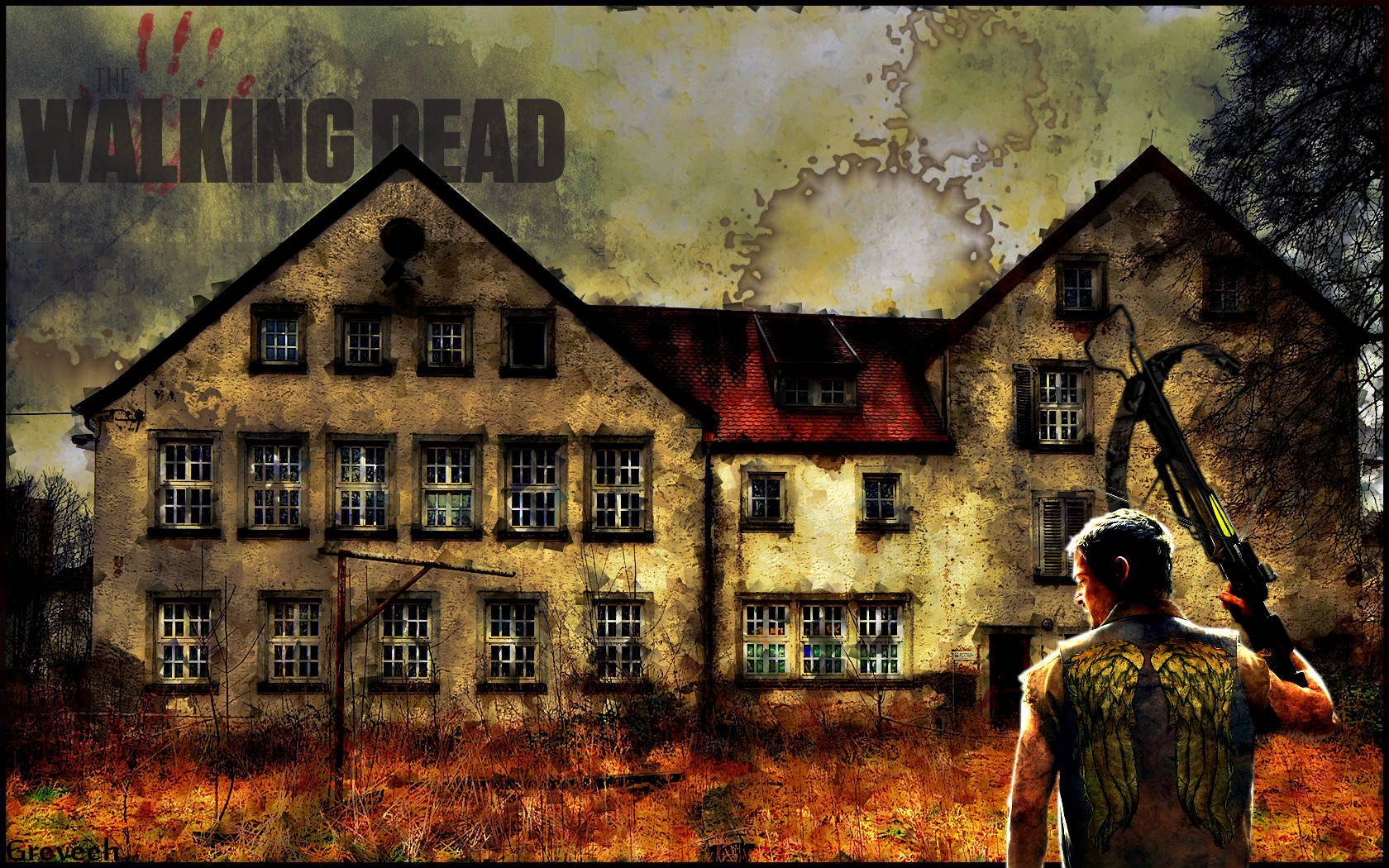 Walking Dead Daryl Facing House Background