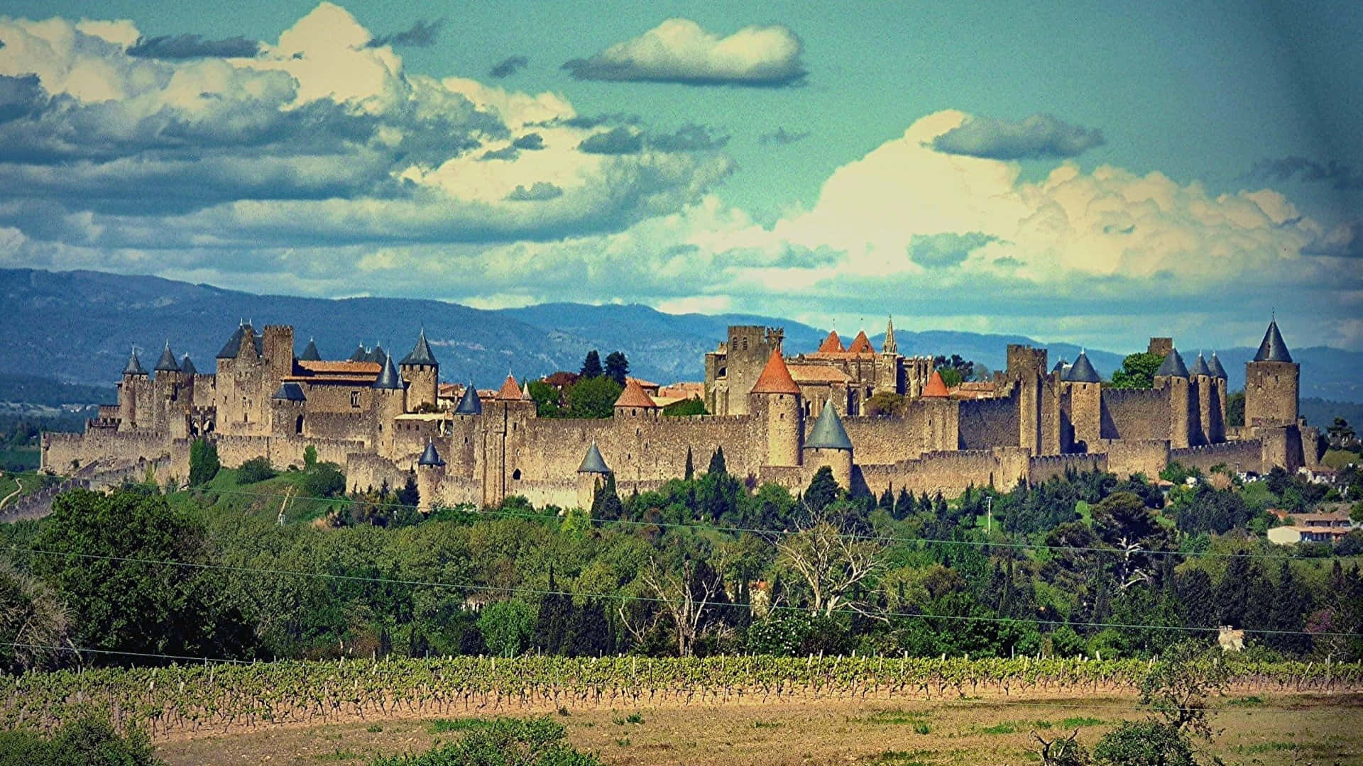 Walled City In Carcassonne France Background