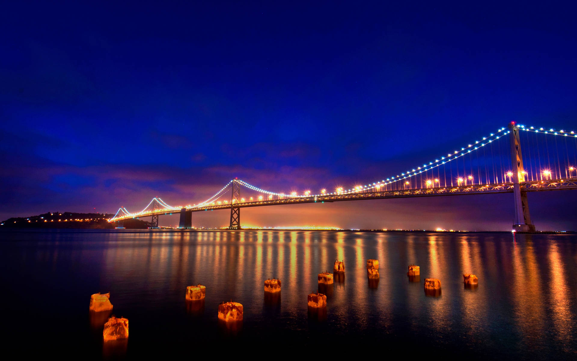 Wallpaper San Francisco, Lights, Bridge, Night, City Lights Background