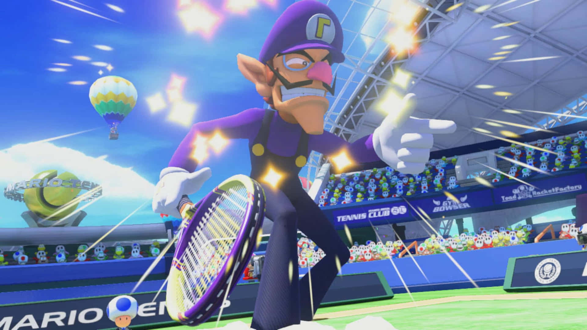 Waluigi Displaying A Wicked Grin Against A Purple Backdrop Background