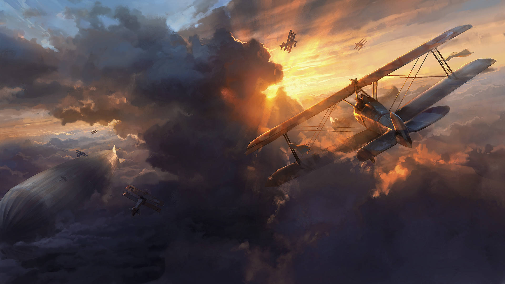 War Planes Flying In Battlefield Background