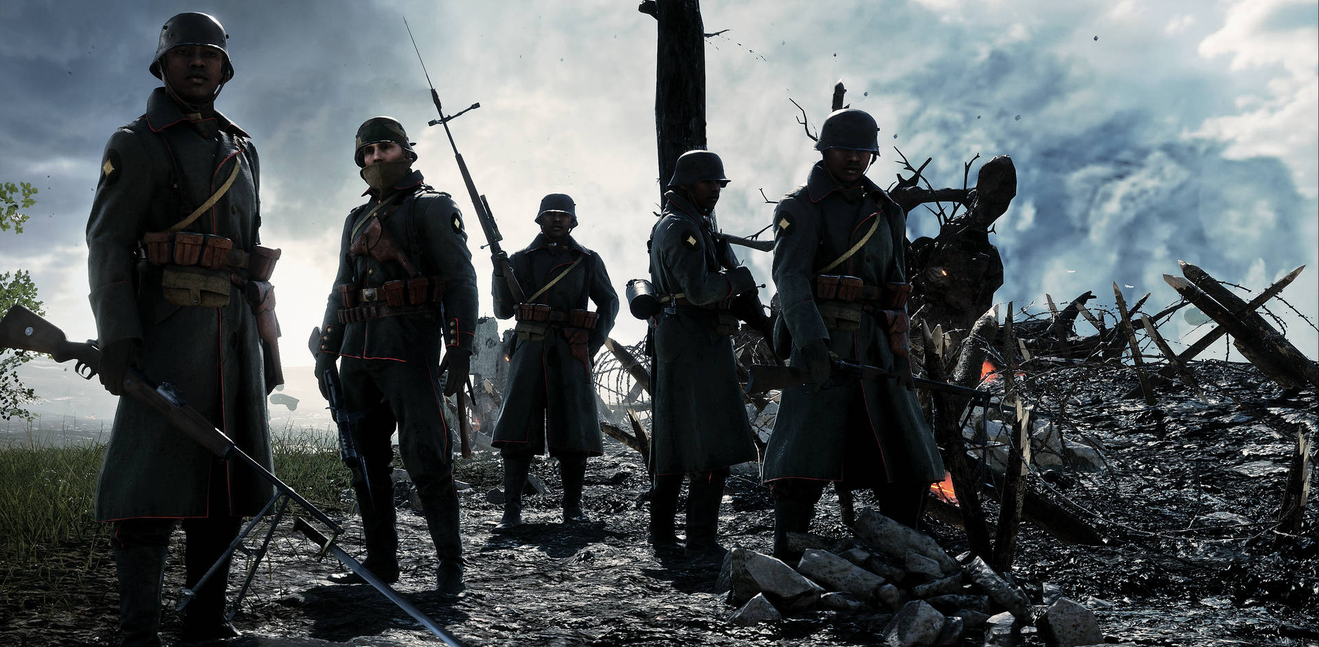 War Soldiers Waiting For Mission In Battlefield Background