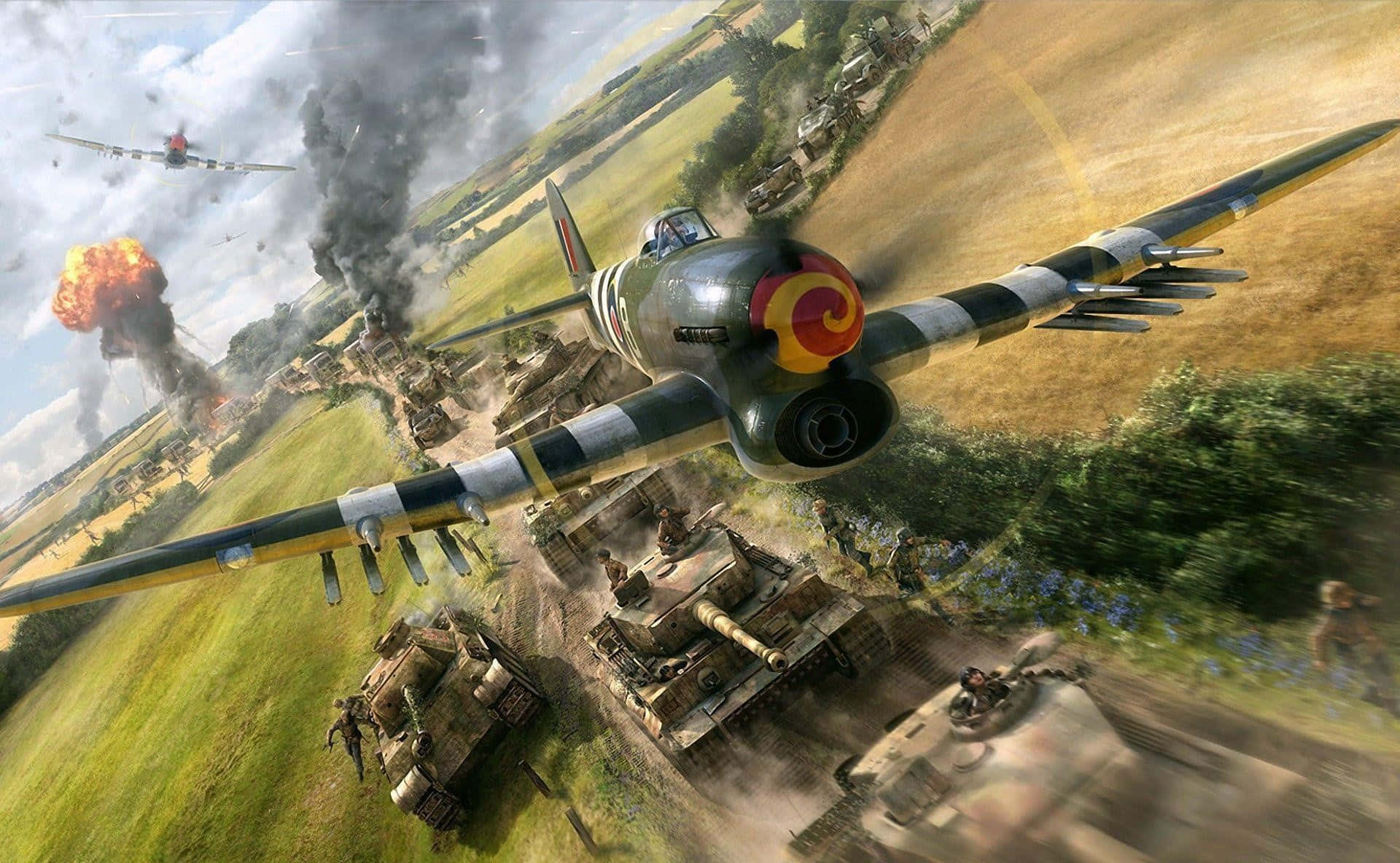 War Thunder Aerial Combat Over Tanks Background