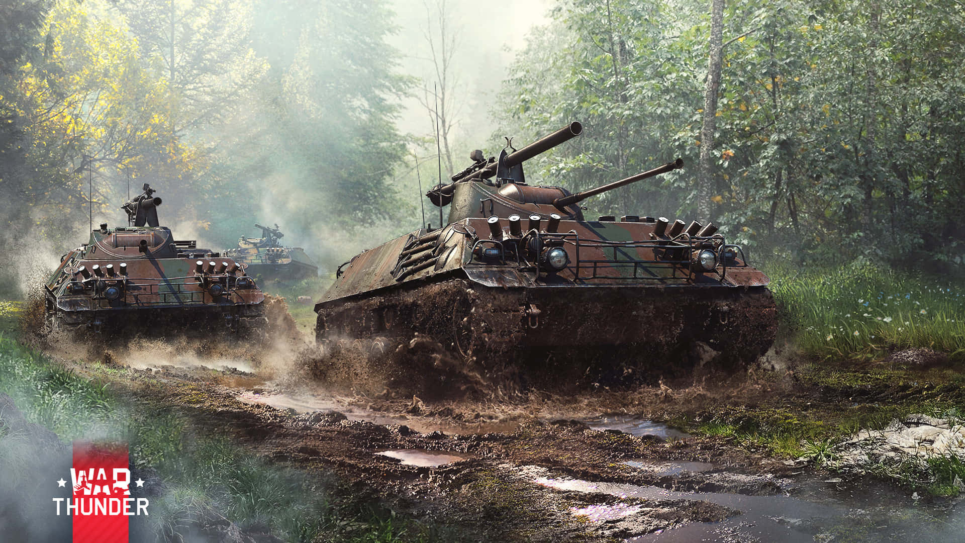 War Thunder_ Tanks_ Advancing_ Through_ Forest Background