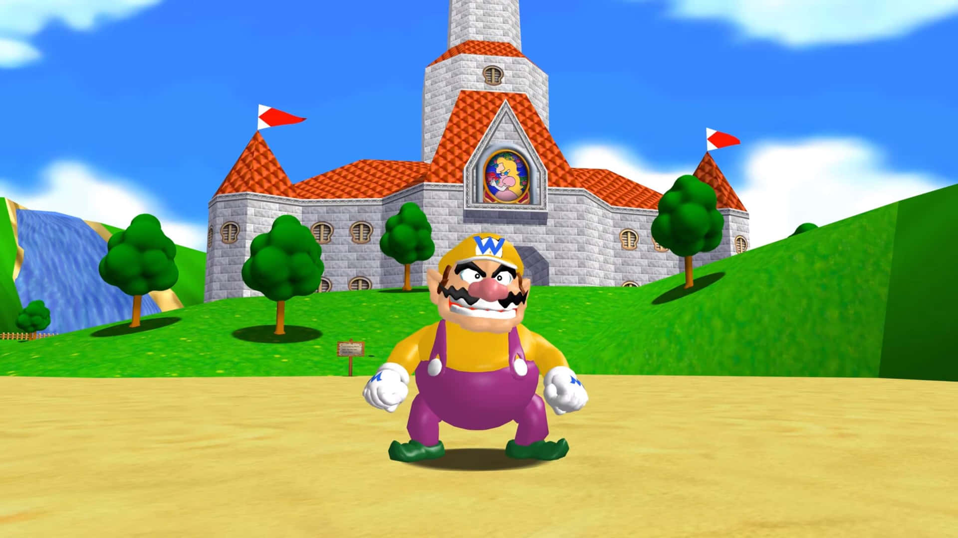 Wario In His Classic Outfit, Smirking Against A Colorful Abstract Background